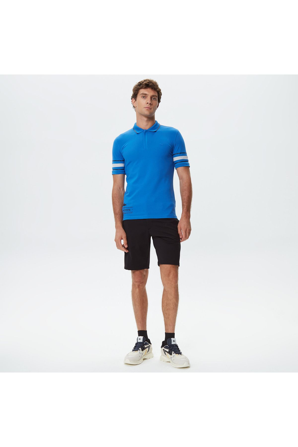 تی شرت یقه پولو آبی مردانه فعال باریک و رنگ چاپی Lacoste