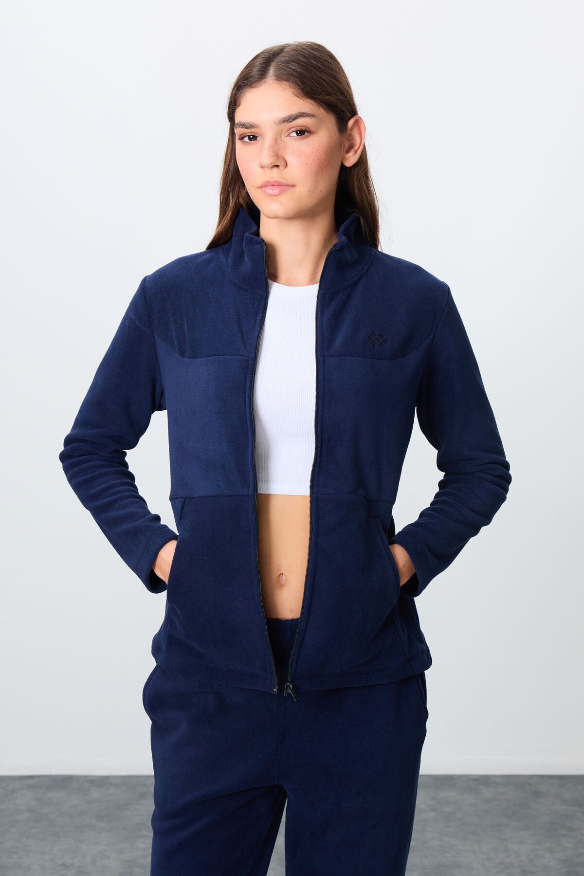 TOMMY LIFE-Navy Blue Embroidered Oversize Fleece Women's Tracksuit Set - Thick Soft Textured, Stand Collar -95339 2