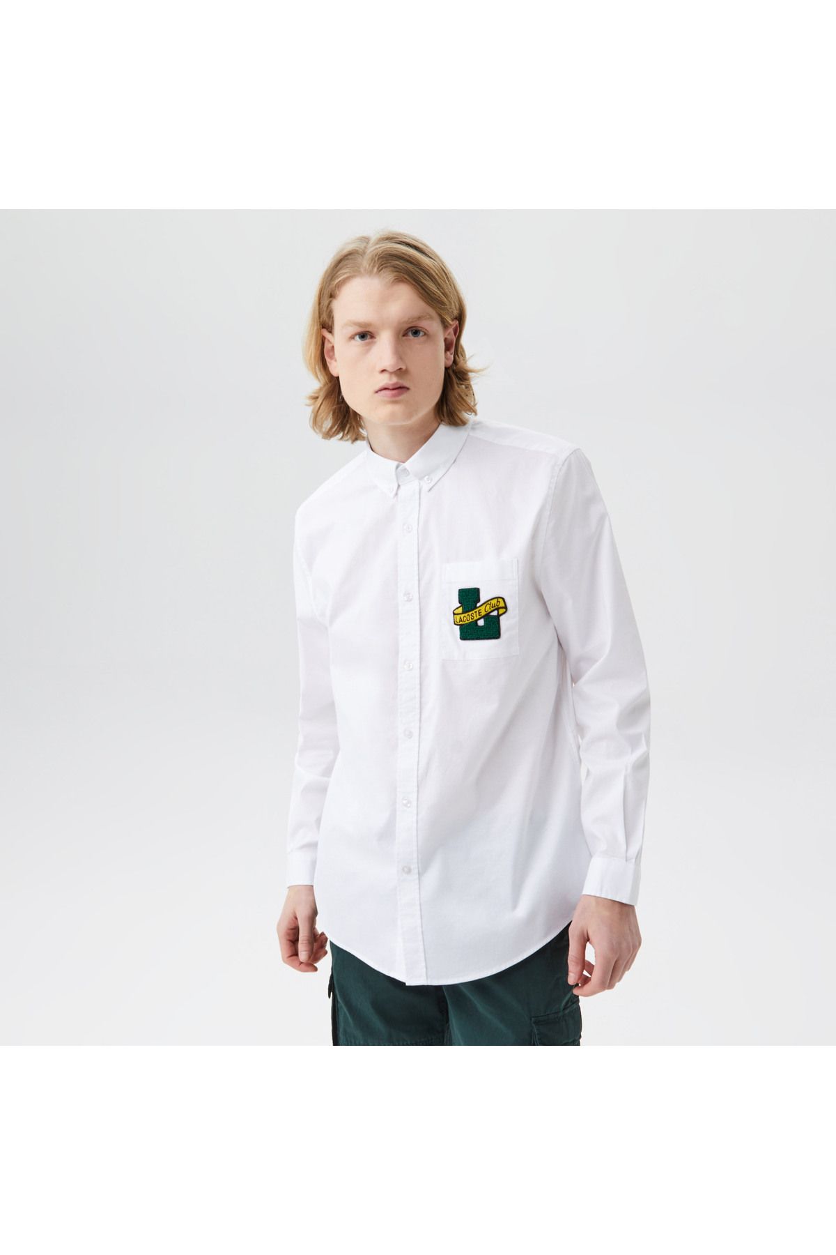 پیراهن / بلوز دکمه دار سفید مردانه باریک اورجینال Lacoste
