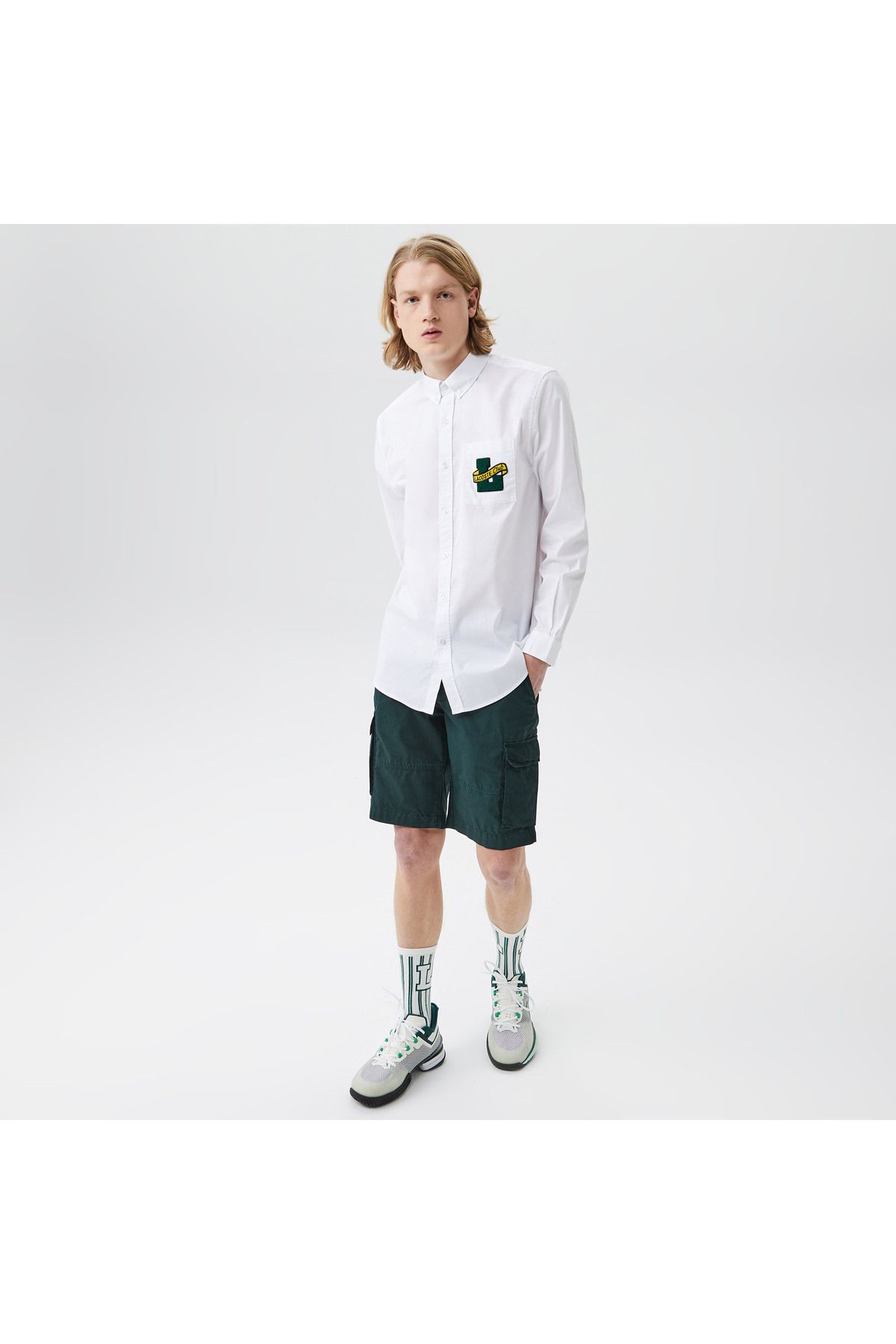 پیراهن / بلوز دکمه دار سفید مردانه باریک اورجینال Lacoste