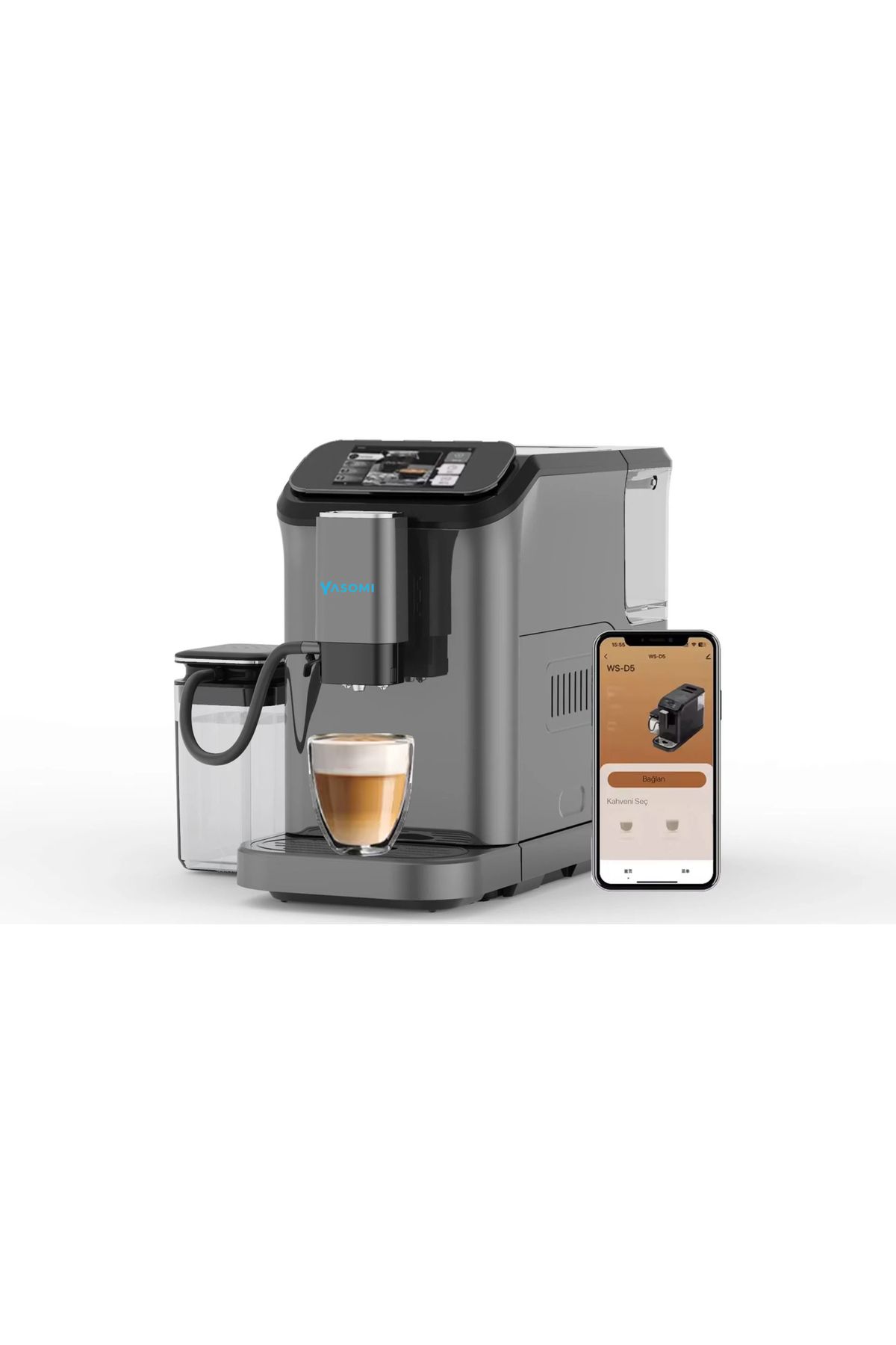 Yasomi Brewsta WS-D5 Çelik Kahve Öğütücülü, Dokunmatik Ekranlı Full Otomatik Espresso Makinesi (Gri)