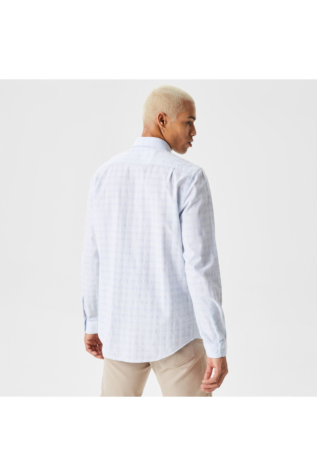 پیراهن / بلوز دکمه دار آبی مردانه یقه باریک اورجینال Lacoste