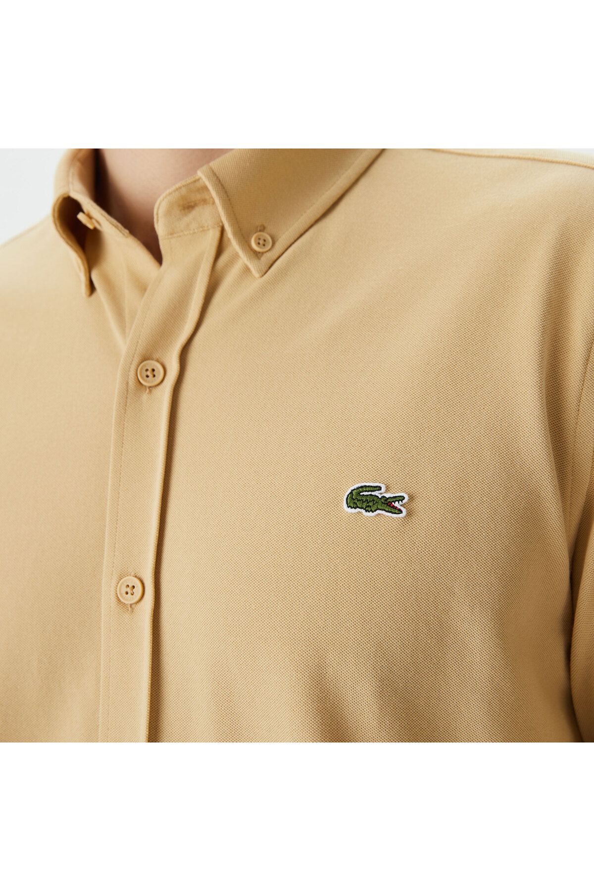 پیراهن / بلوز دکمه دار زرد مردانه بژ باریک اورجینال Lacoste