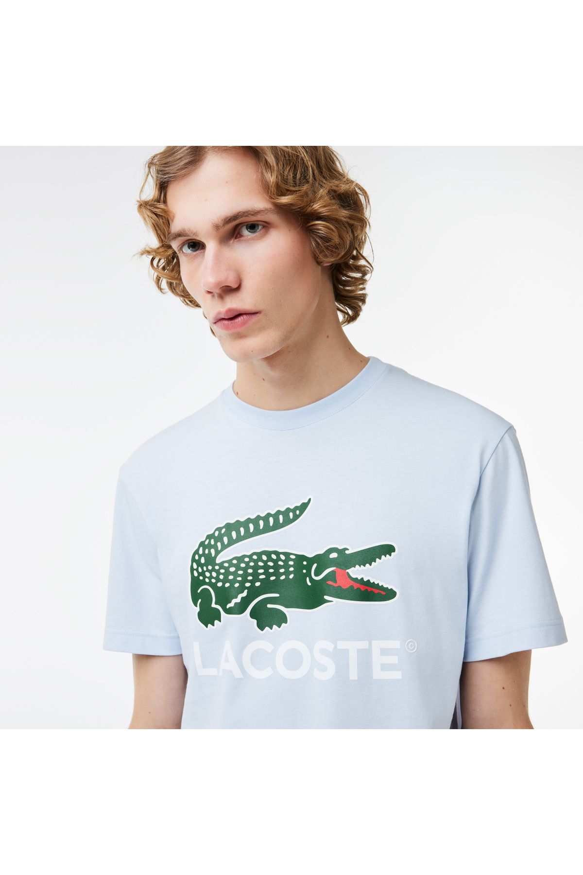 تی شرت آبی مردانه یقه دوچرخه مناسب روشن طرح دار Lacoste