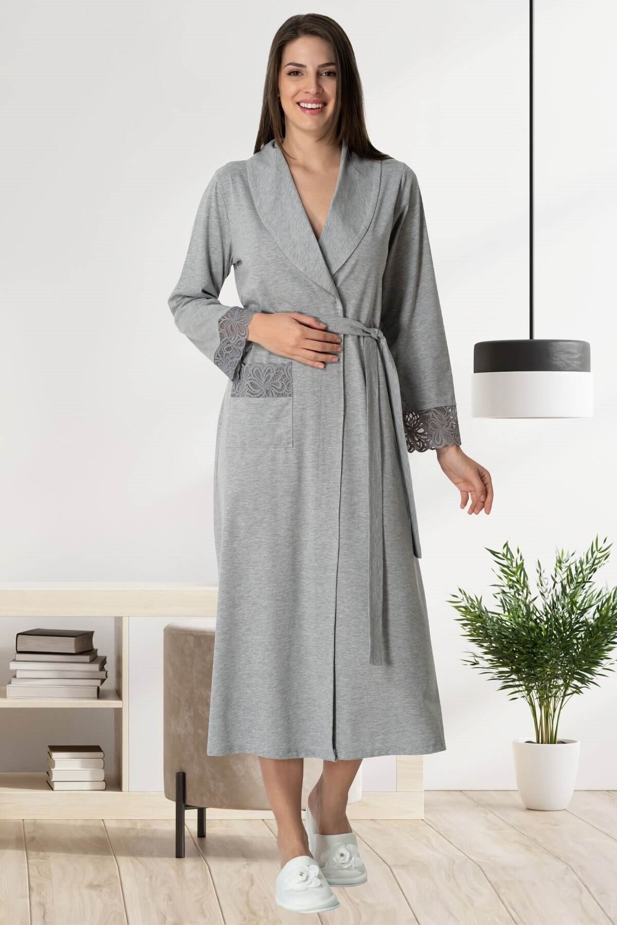 Mecit Pijama Büyük Beden Güpür Detaylı Kadın Uzun Kollu Sabahlık %75 Pamuk, %25 Viskon fotoğrafı 2 (önizleme)