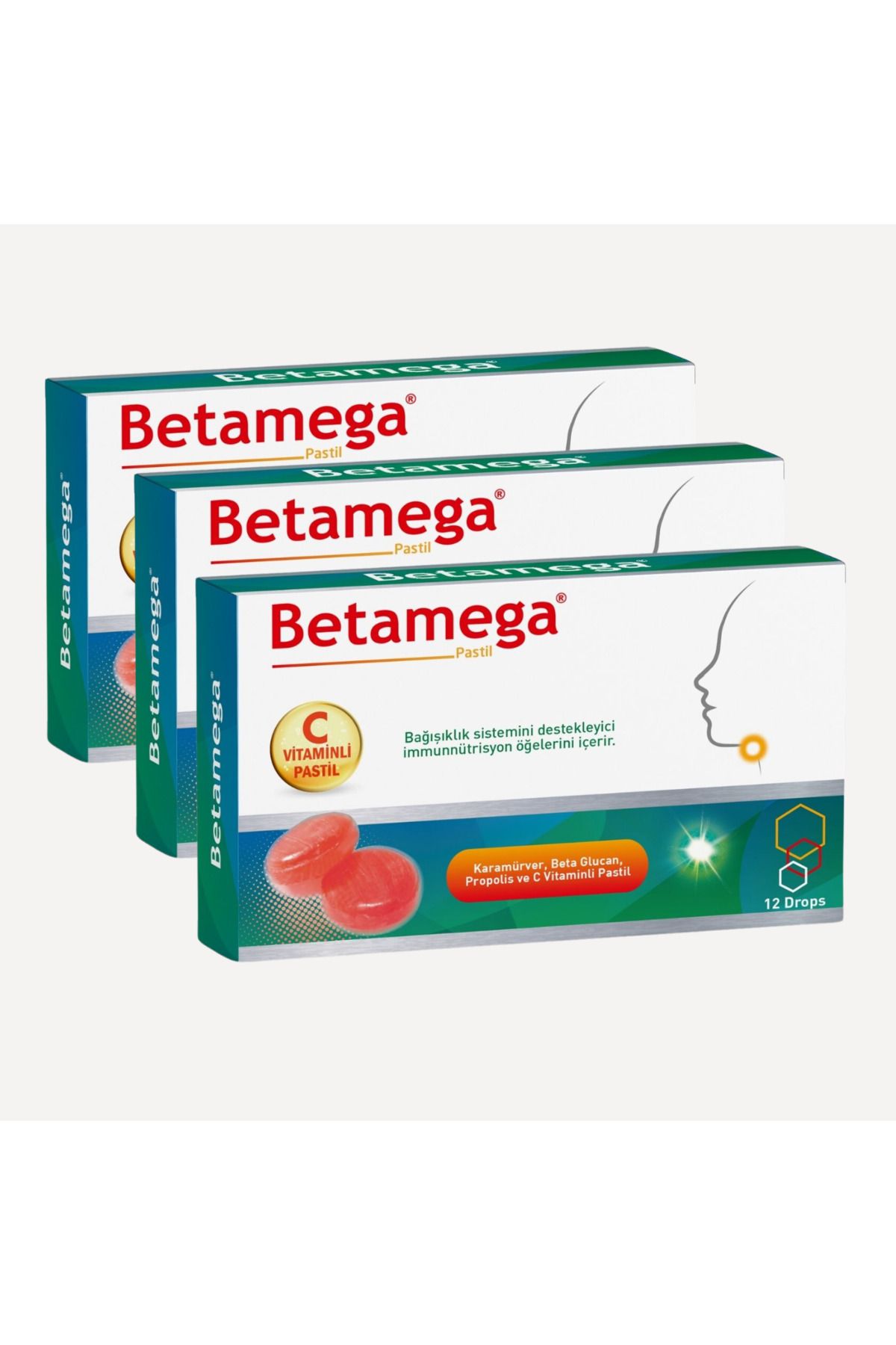 BETAMEGA Pastil 3'lü Paket - Kara Mürver, Beta Glukan, Propolis Içeren Pastil - 12 Adet