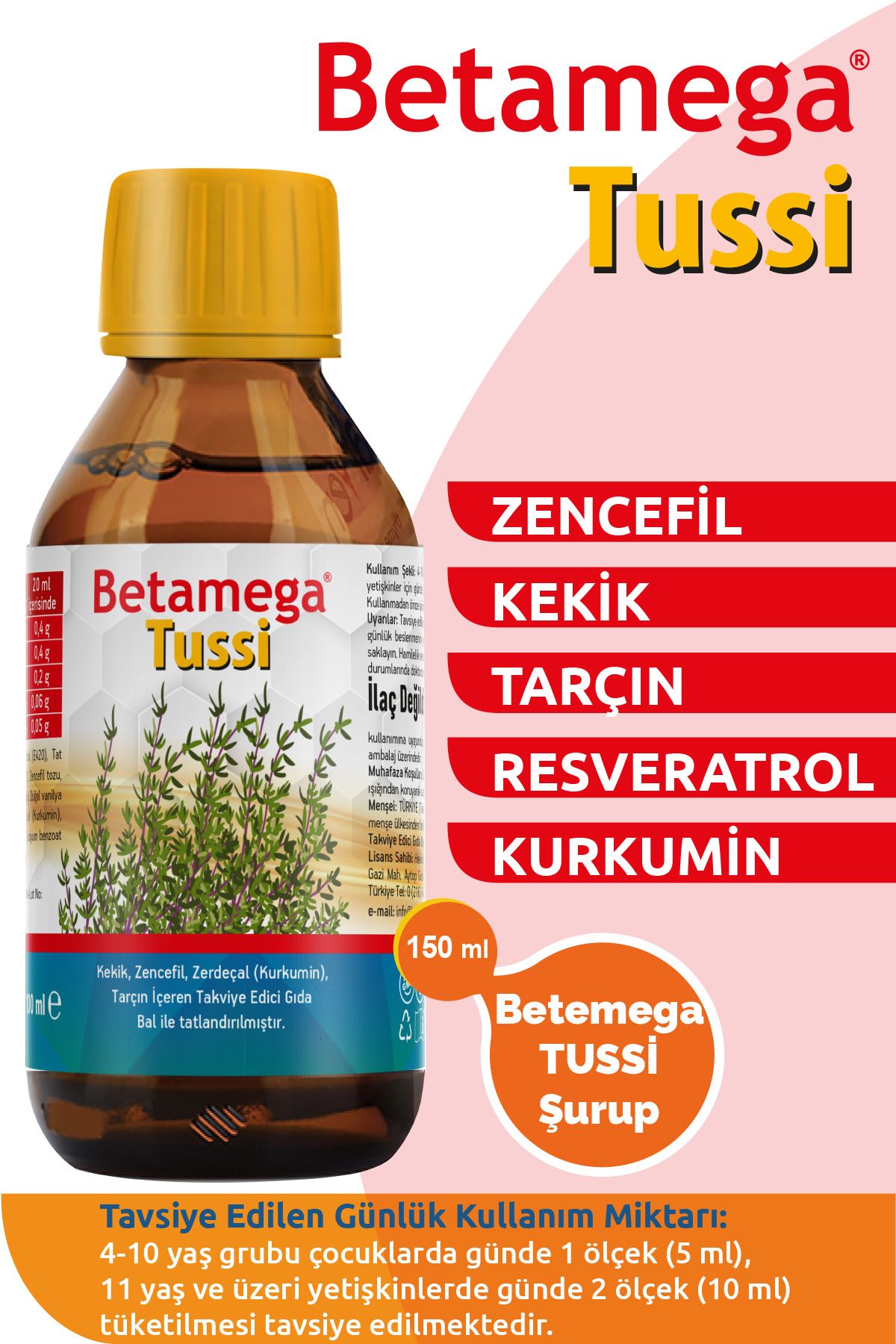 BETAMEGA Tussi - Kekik, Zencefil, Zerdeçal Ve Tarçın Içeren Sıvı Gıda Takviyesi - Şurup 100 ml