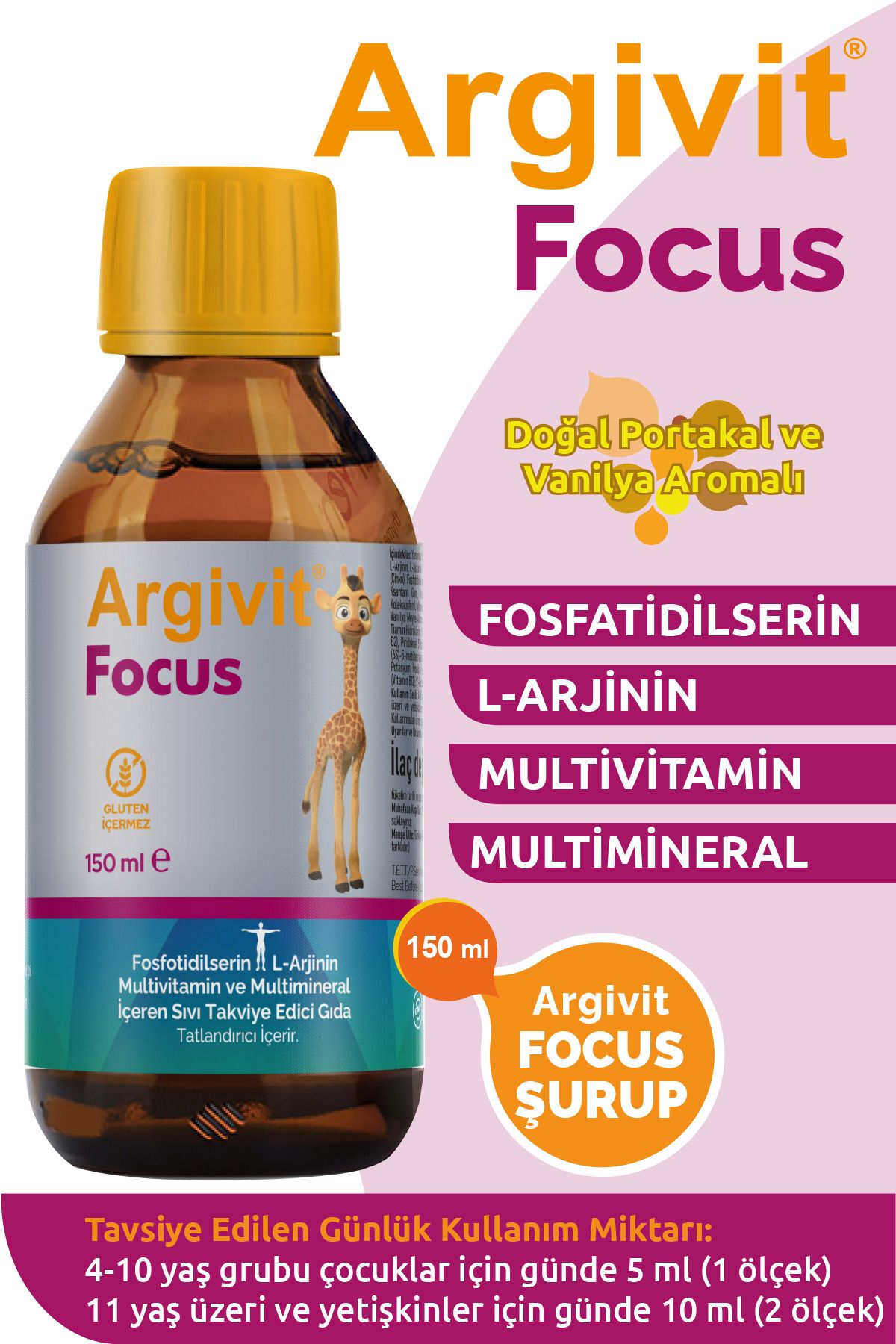 Argivit Focus Fosfatidilserin, L-arjinin, Multivitamin Ve Multimineral Şurup 150 ml - Karışık Meyve Aromalı