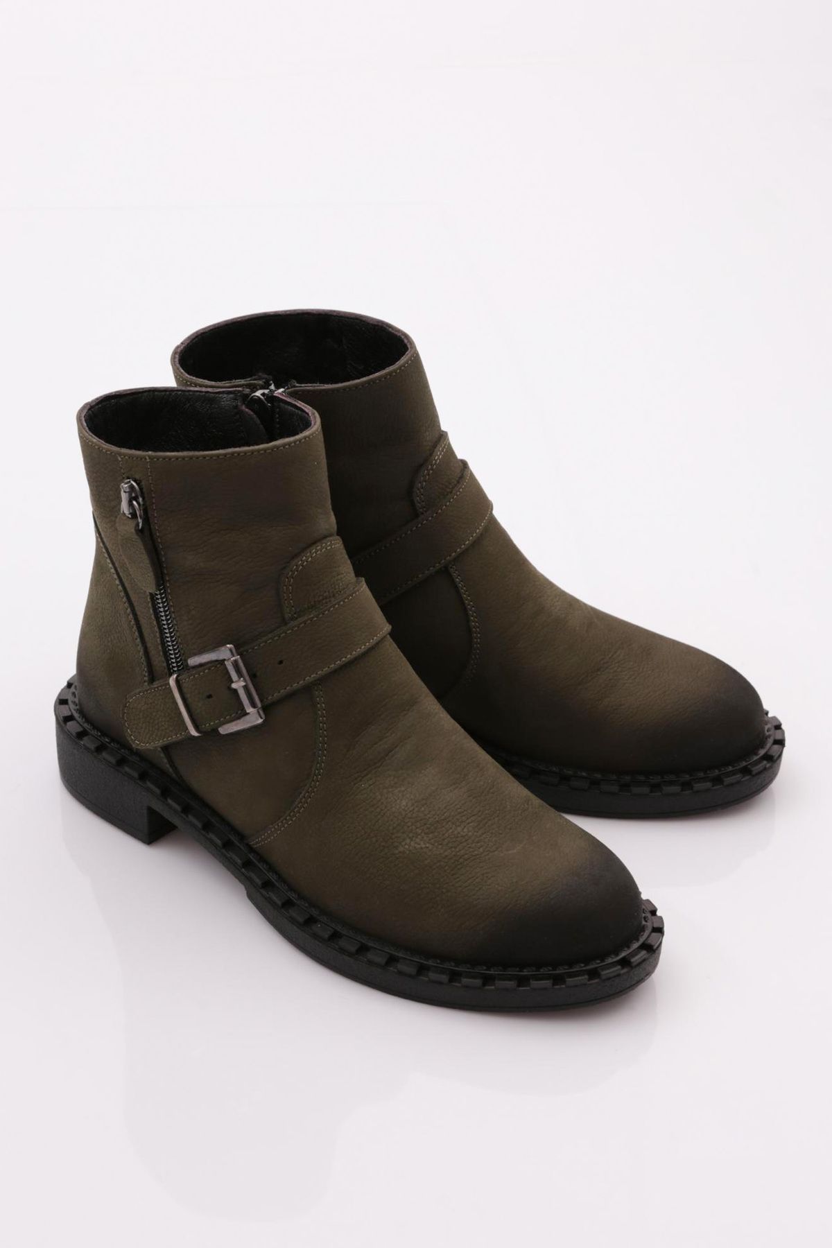 DGN-Women's Belt Lace-Up Boots Khaki Nubuck Genuine Leather 14935106 2