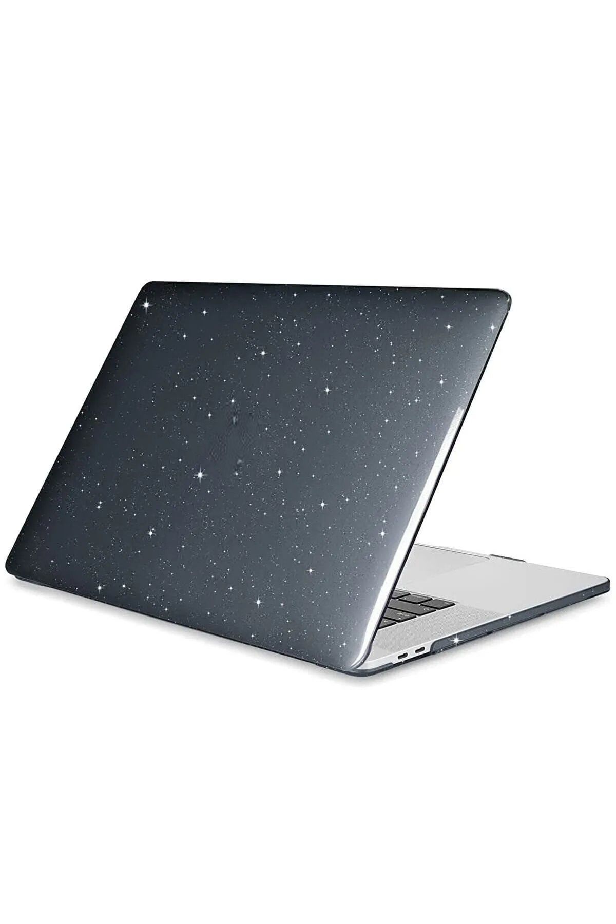 Fibaks Apple Macbook Air 13.3 Air M1 2020 Kılıf A1932 - A2174 - A2337 Simli Parlak Siyah Transparan Kapak