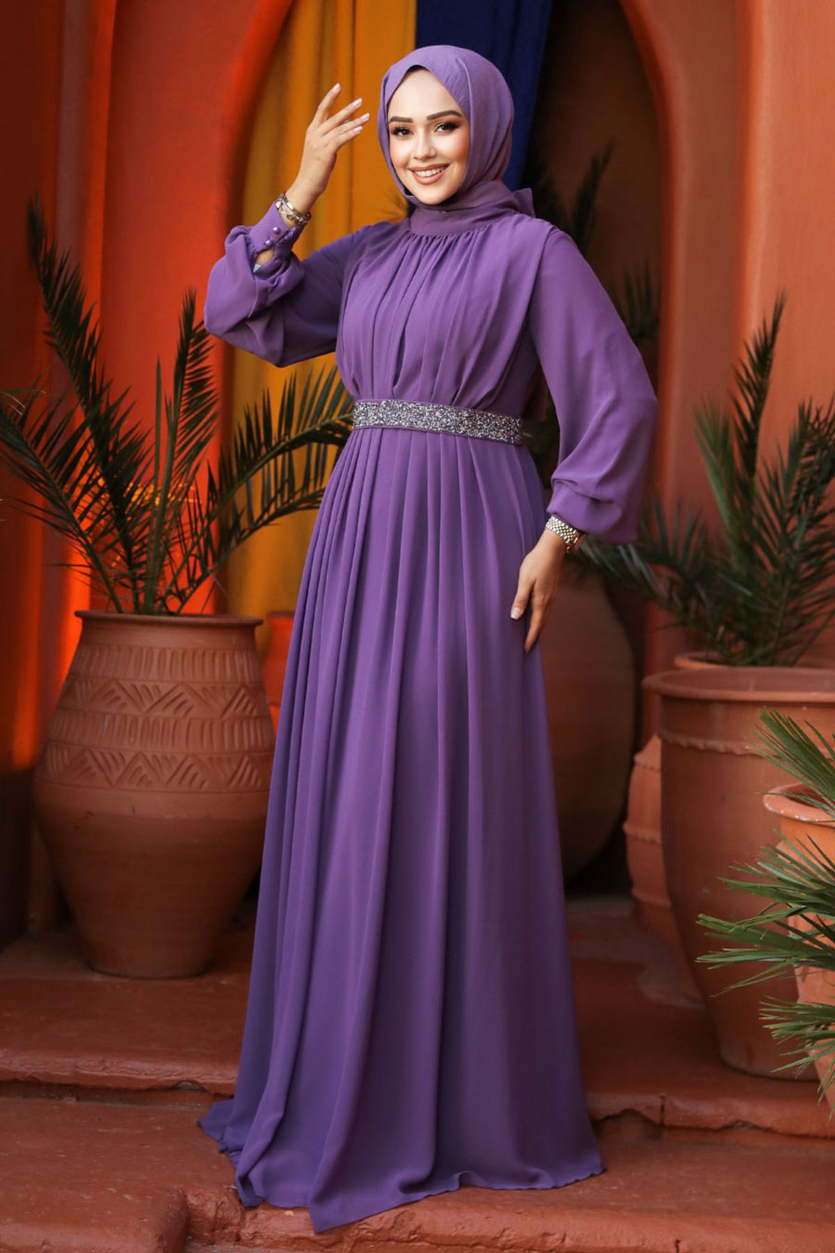 Neva Style-Lilac Hijab Pleated Evening Dress - 25888Lila 1