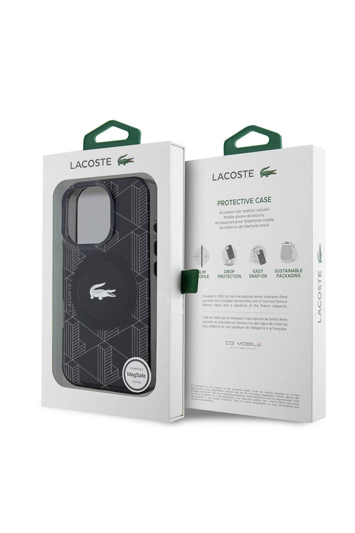 کاور و قاب IPHONE 16 PRO CASE LACOSTE دارای مجوز MAGSAFE ویژگی IML طرح دار لوگو تمساح نقره ای مونوگرام سیاه Lacoste
