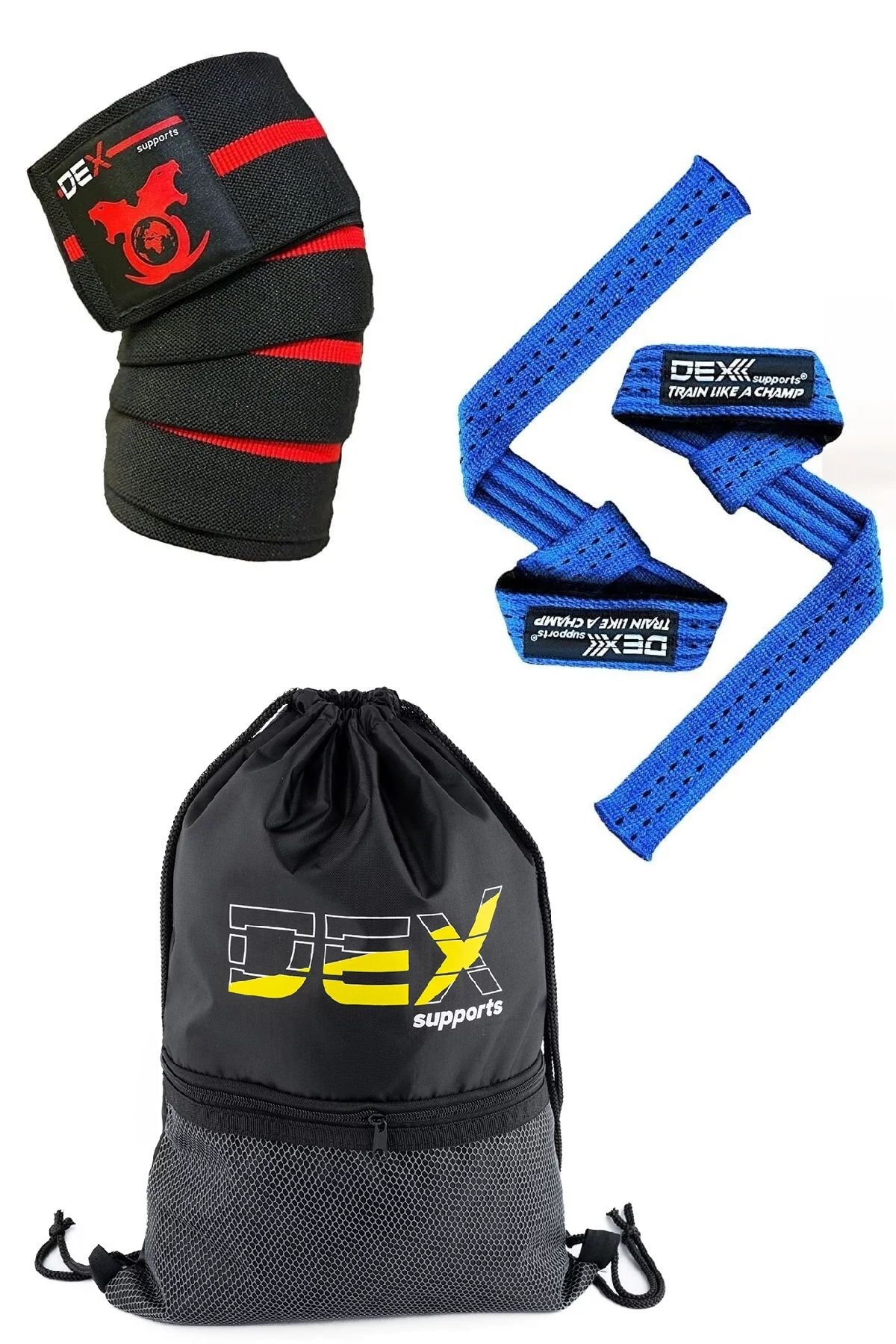 Dex Supports Ağırlık Kaldırma Kayışı Lifting Straps Pro Mavi+Fitness Dizliği Knee Wraps Elite+Sackpack 3'lü Paket