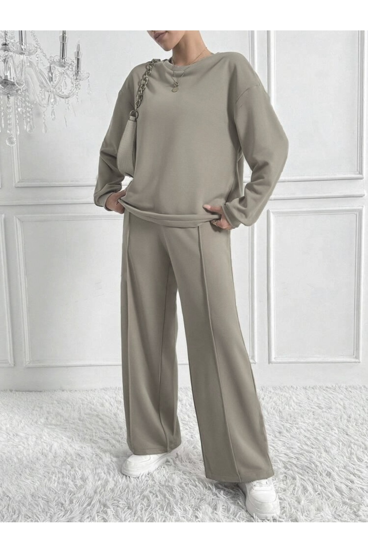 MANCY-Women's Large Size Crew Neck Leg Stitching Detail 3 Thread Hijab Double Set 1