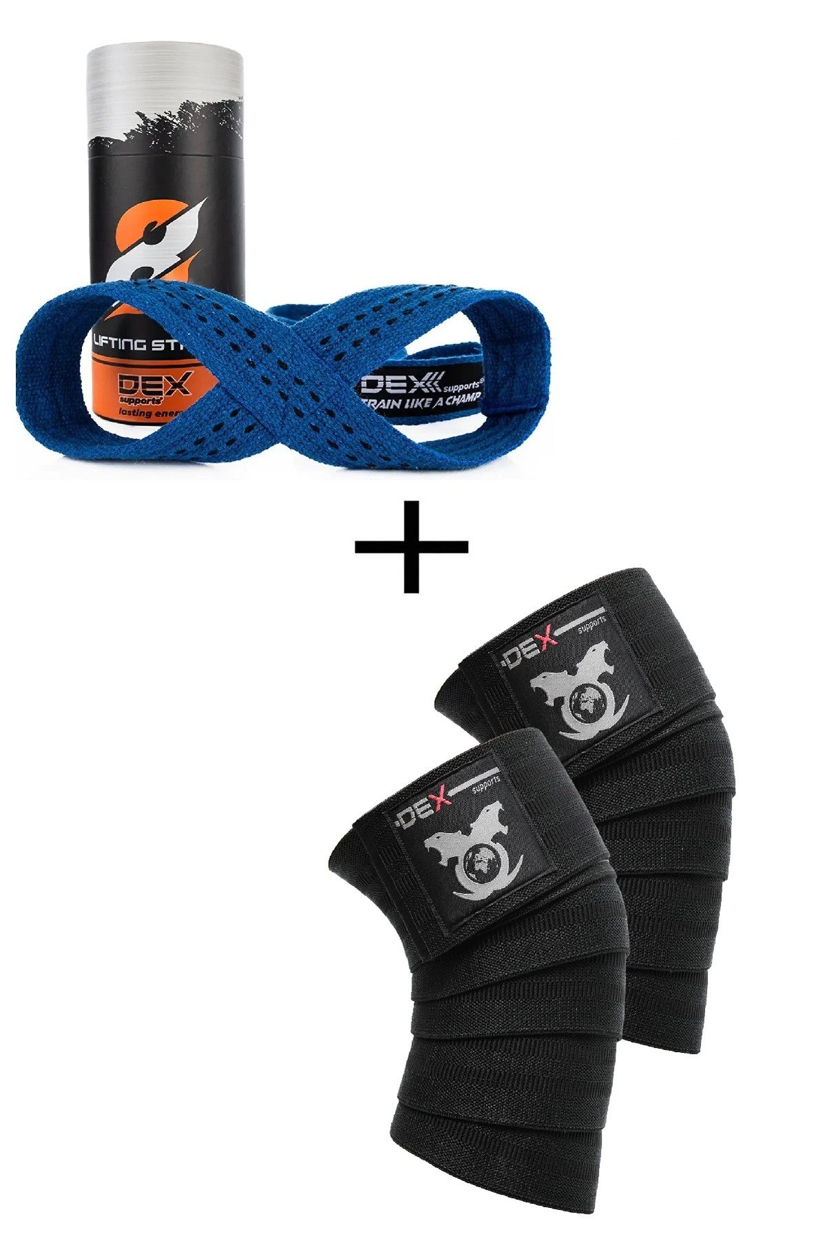 Dex Supports Ağırlık Kaldırma Kayışı 8 Loop Lifting Straps Mavi+Antrenman Dizliği Knee Wraps Legend 2'li Paket