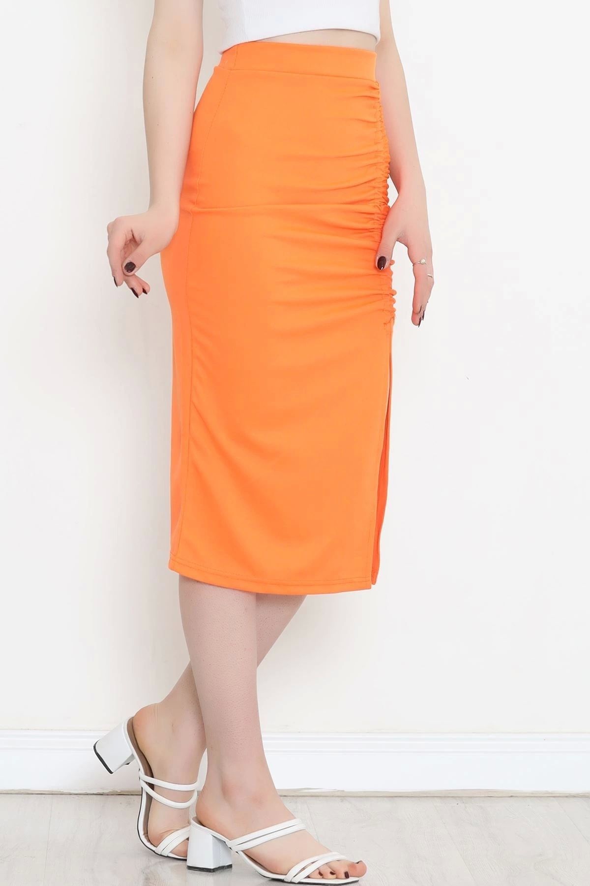 Modaymış-Orange Scuba Fabric Skirt - Gathered, 12051.1355.ERC3025 5