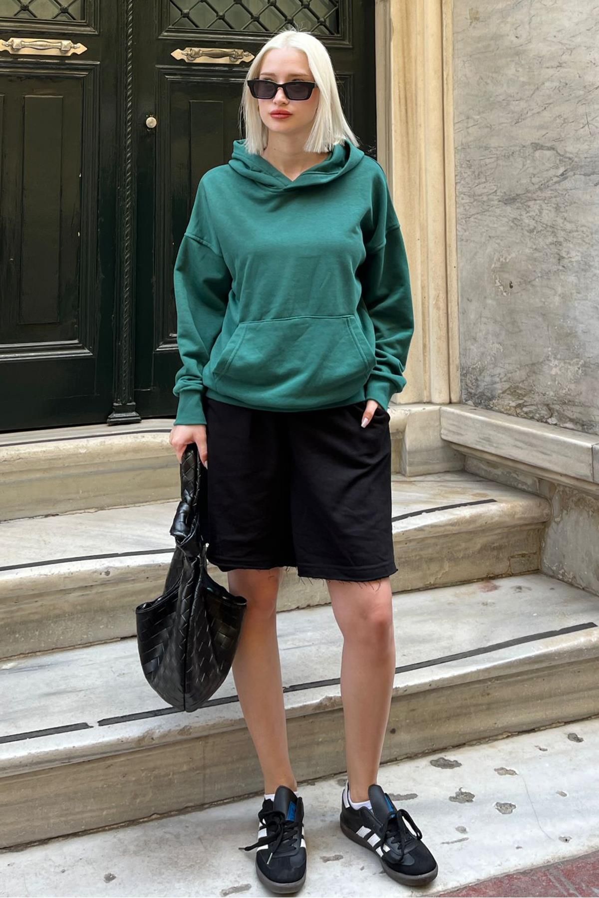 Madmext-Dark Green Hooded Oversize Pocket Sweatshirt Mg2207 2