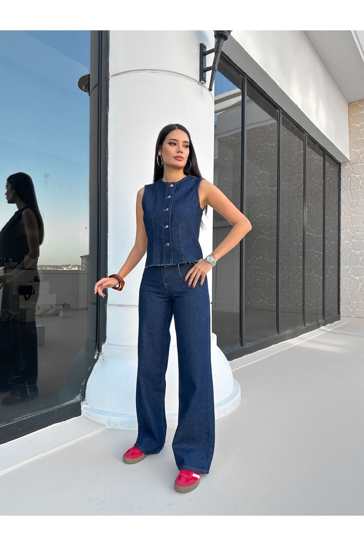 ESRAHELVACI-Denim Vest and Palazzo Pants Set 2