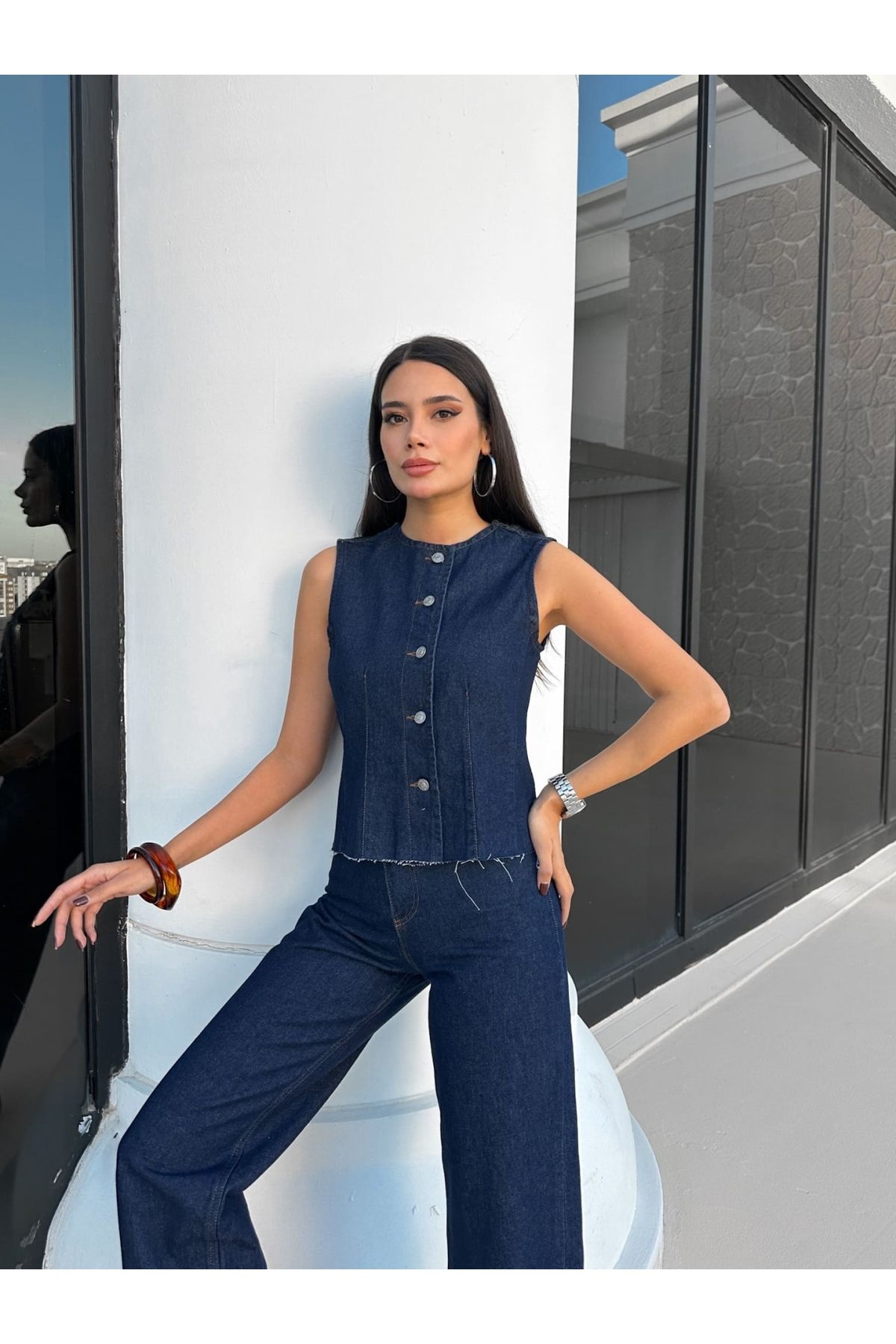 ESRAHELVACI-Denim Vest and Palazzo Pants Set 1