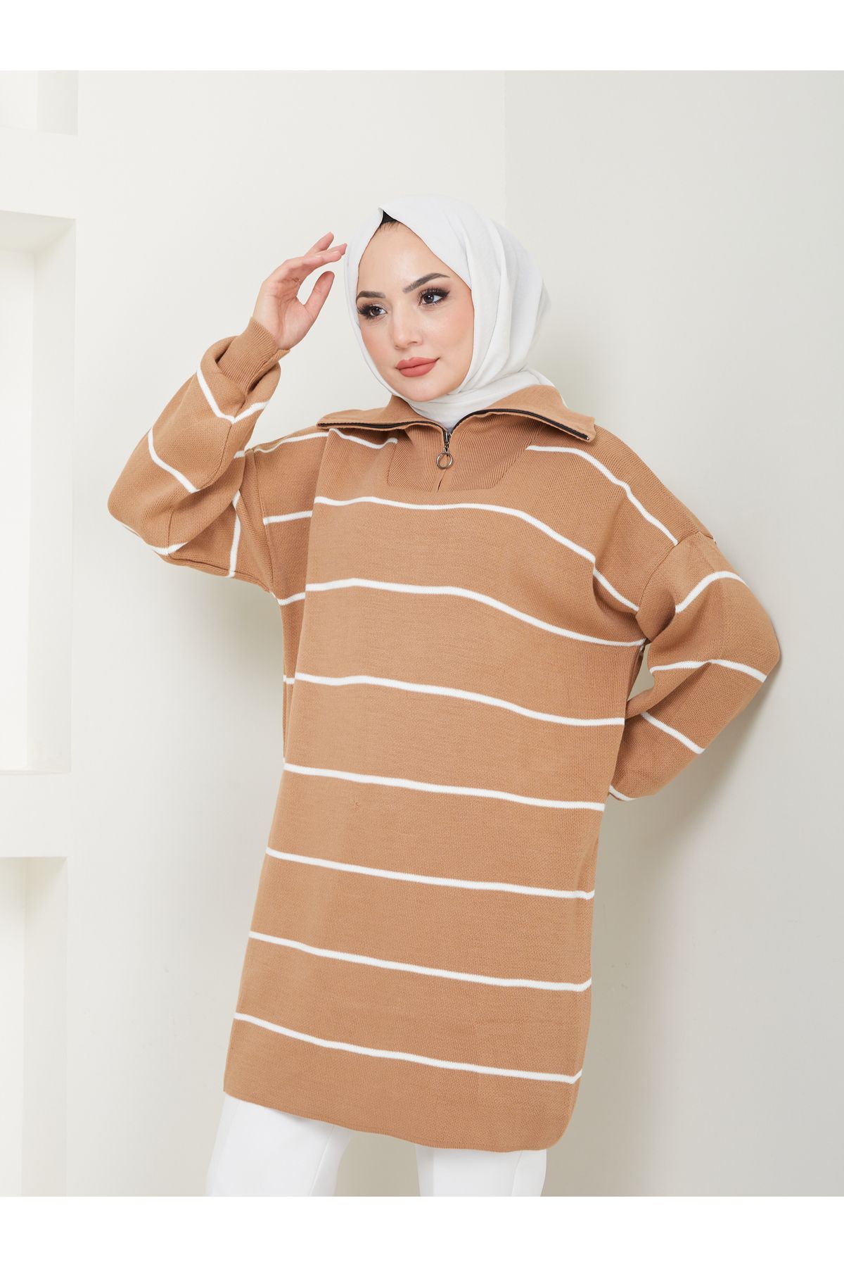 VOLT CLOTHİNG-Women's Striped Zippered Knitwear Tunic 1
