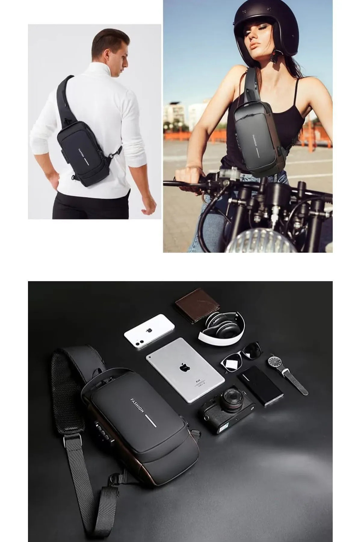 7K  USB Şarj Portlu Fermuar Kilitli, Powerbank Bağlantılı Omuz ve Göğüs Çantası - Görsel 7