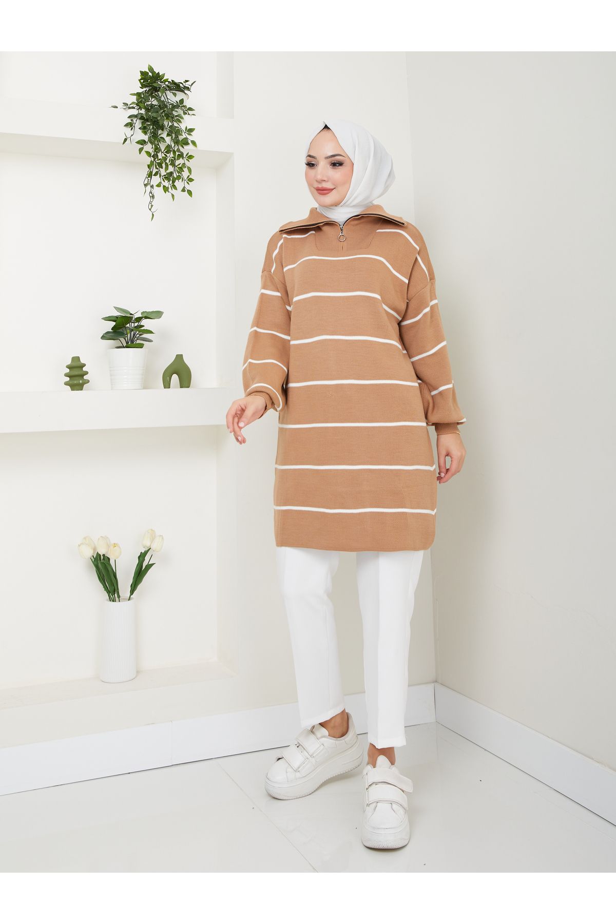 VOLT CLOTHİNG-Women's Striped Zippered Knitwear Tunic 5