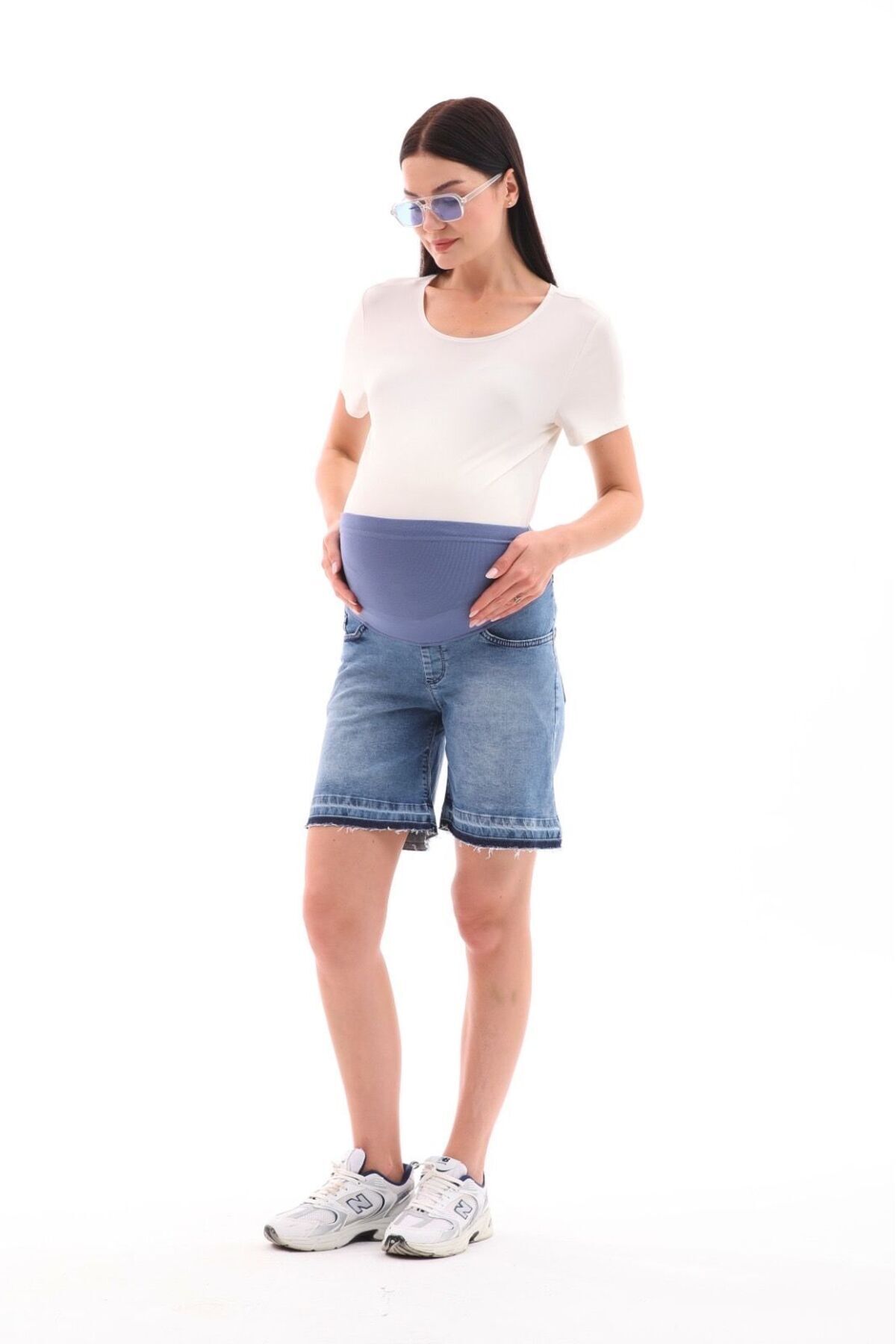 BIG LESSON-Flexible and Adjustable Waist - Seamless Leg Blue Shorts Maternity Random 2