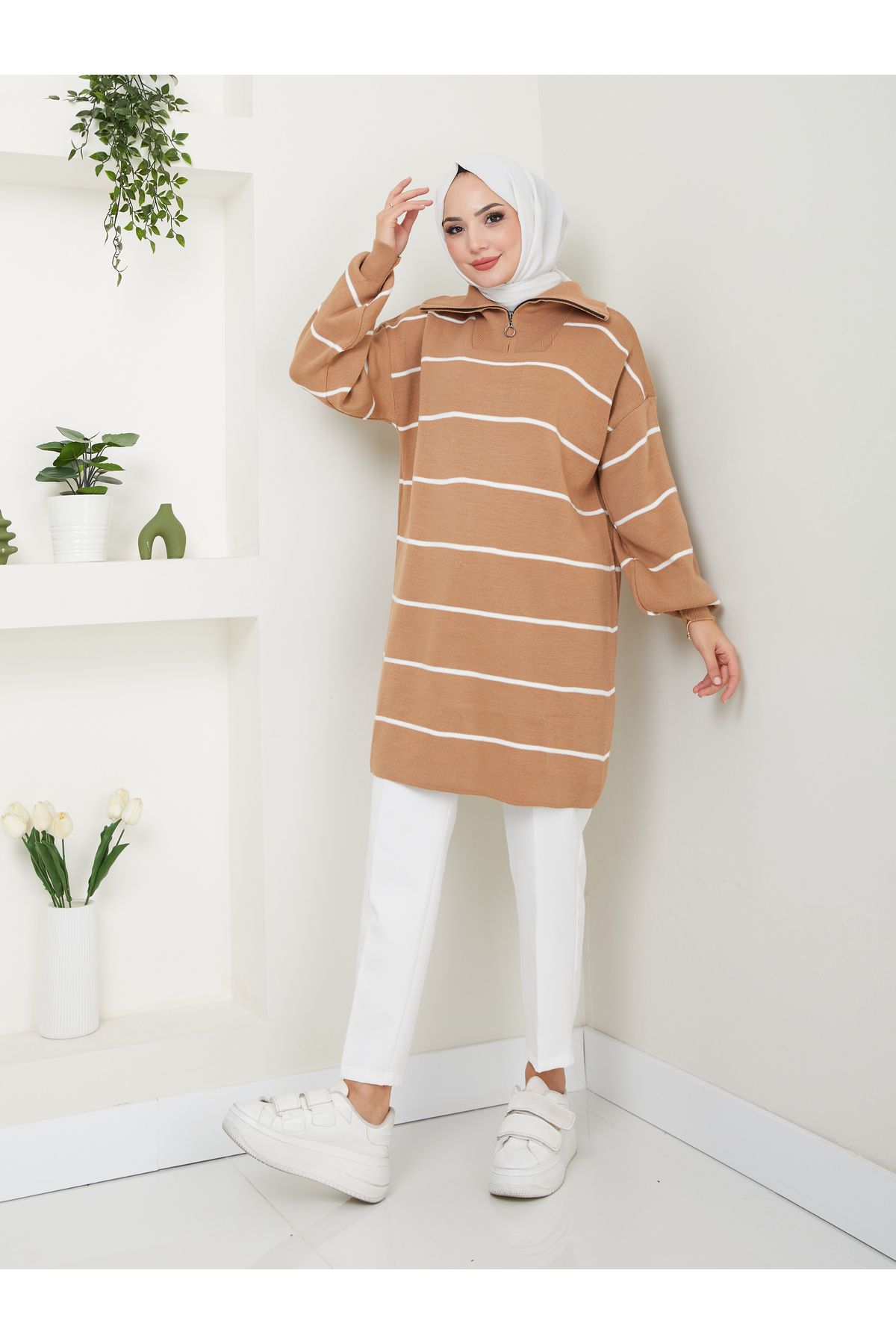 VOLT CLOTHİNG-Women's Striped Zippered Knitwear Tunic 2