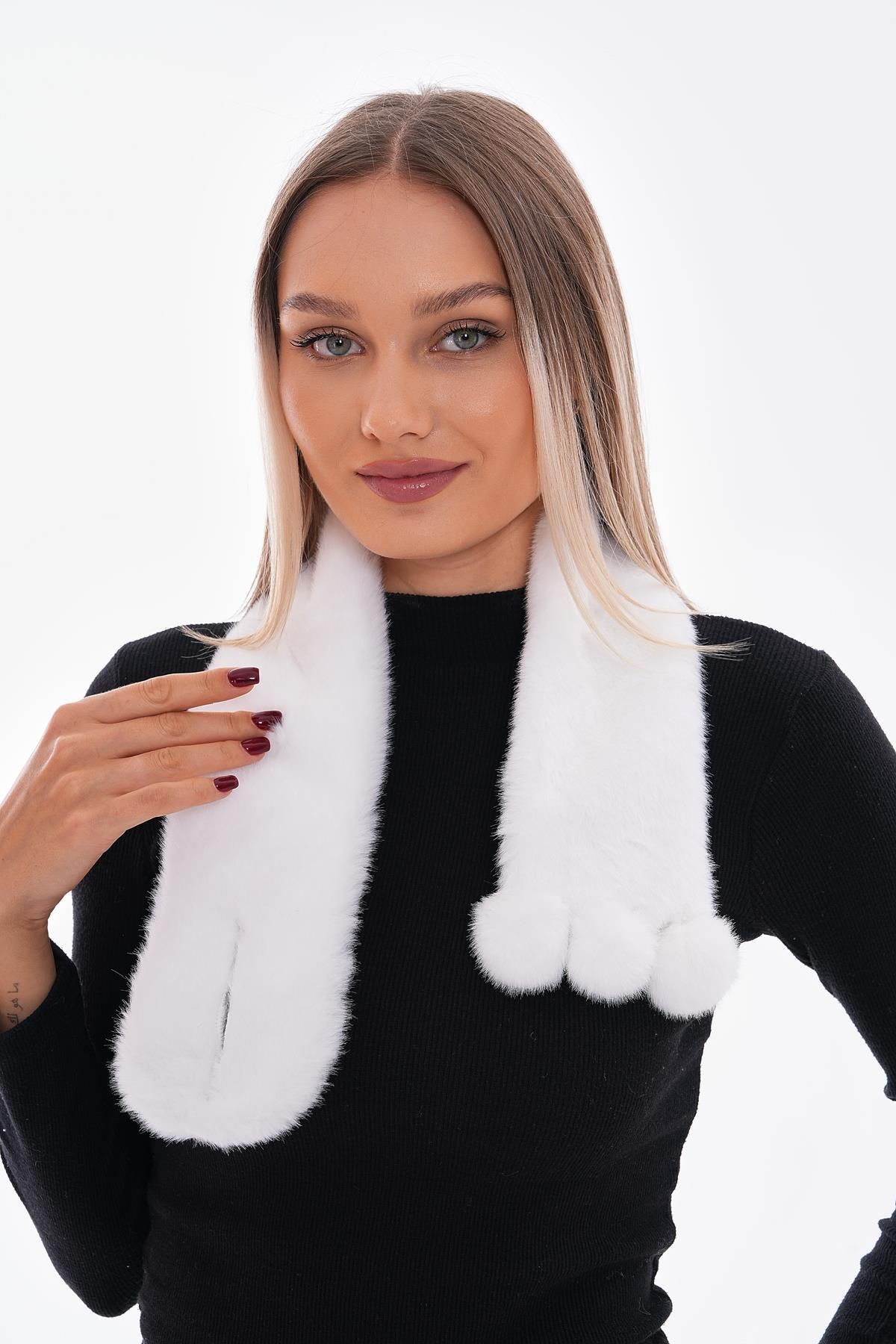 Axesoire-14696 Plush White Scarf with Pompom Inserts 2