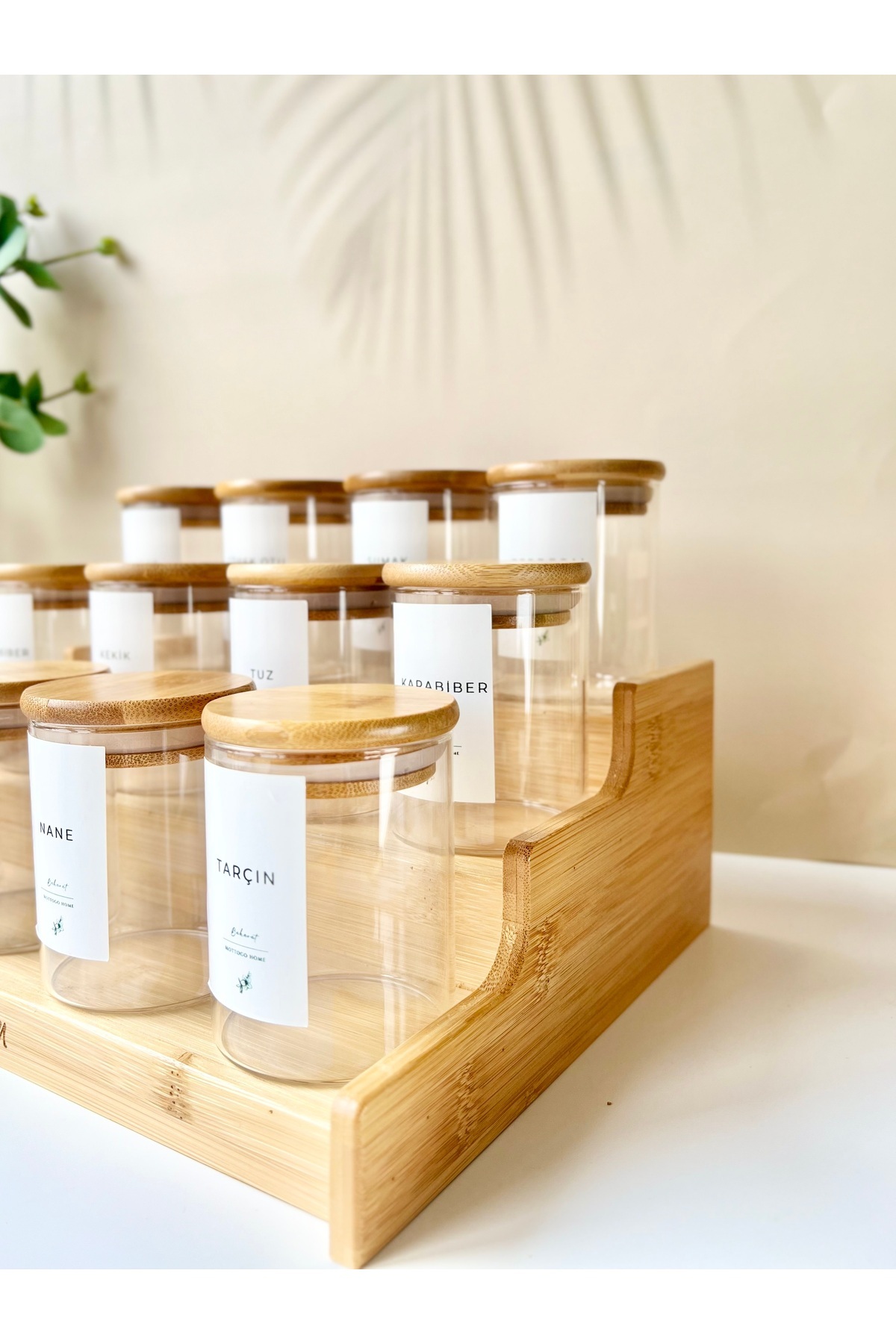 Mottogo-12-Piece 250 ml Spice Jar Set and Bamboo Ladder Stand - Water Resistant with Label 3