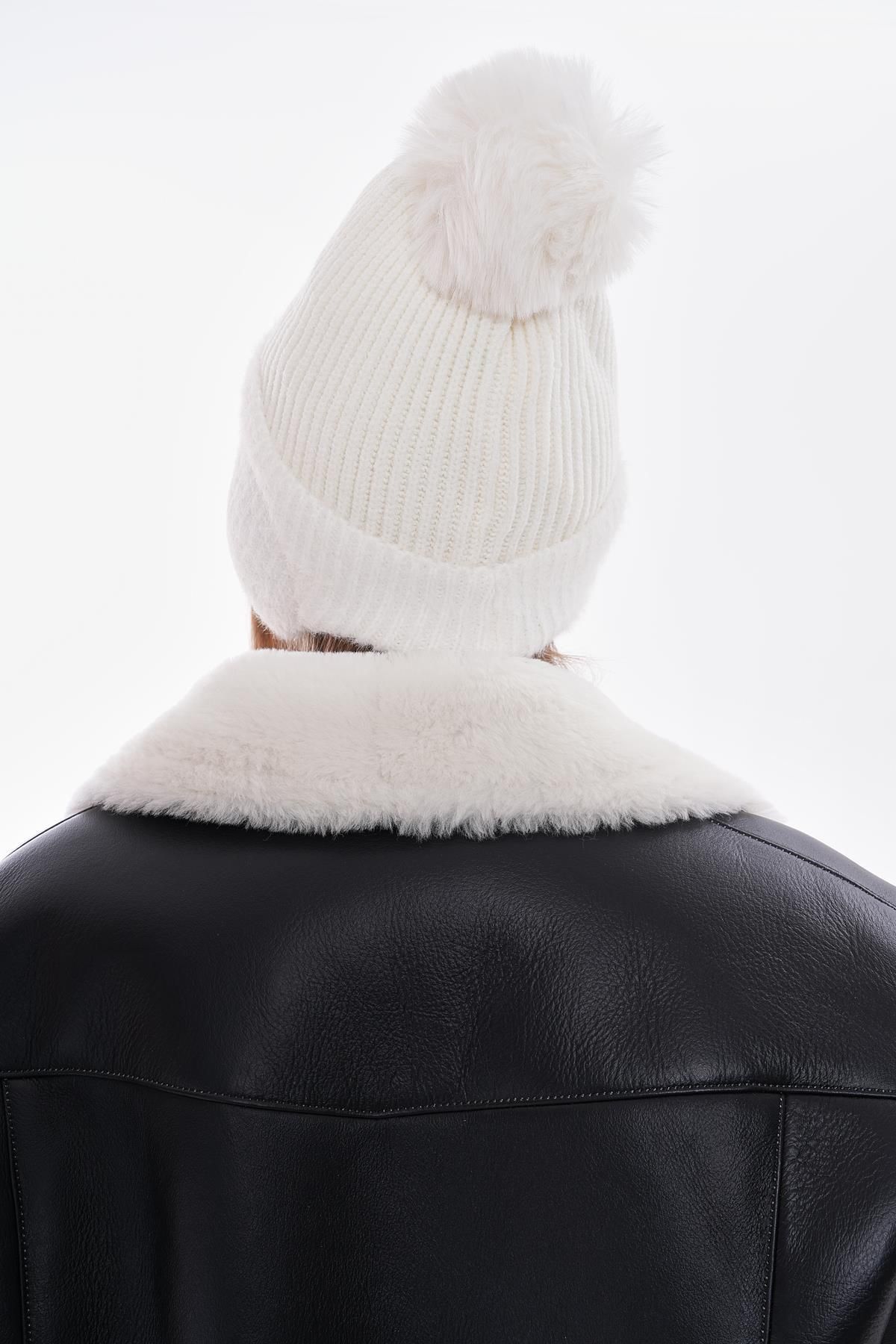 Axesoire-14637 Ecru Beanie with Fleece Inside and Pompom Ear Cover 6