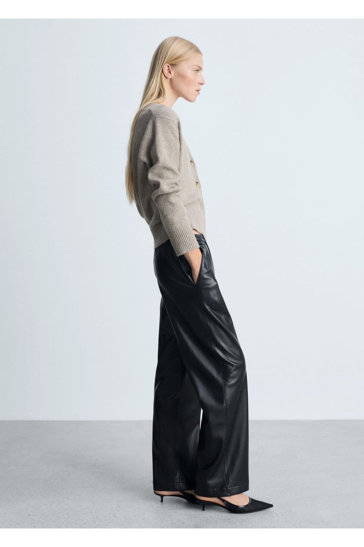 MANGO Woman-Leather look elastic waist pants 2