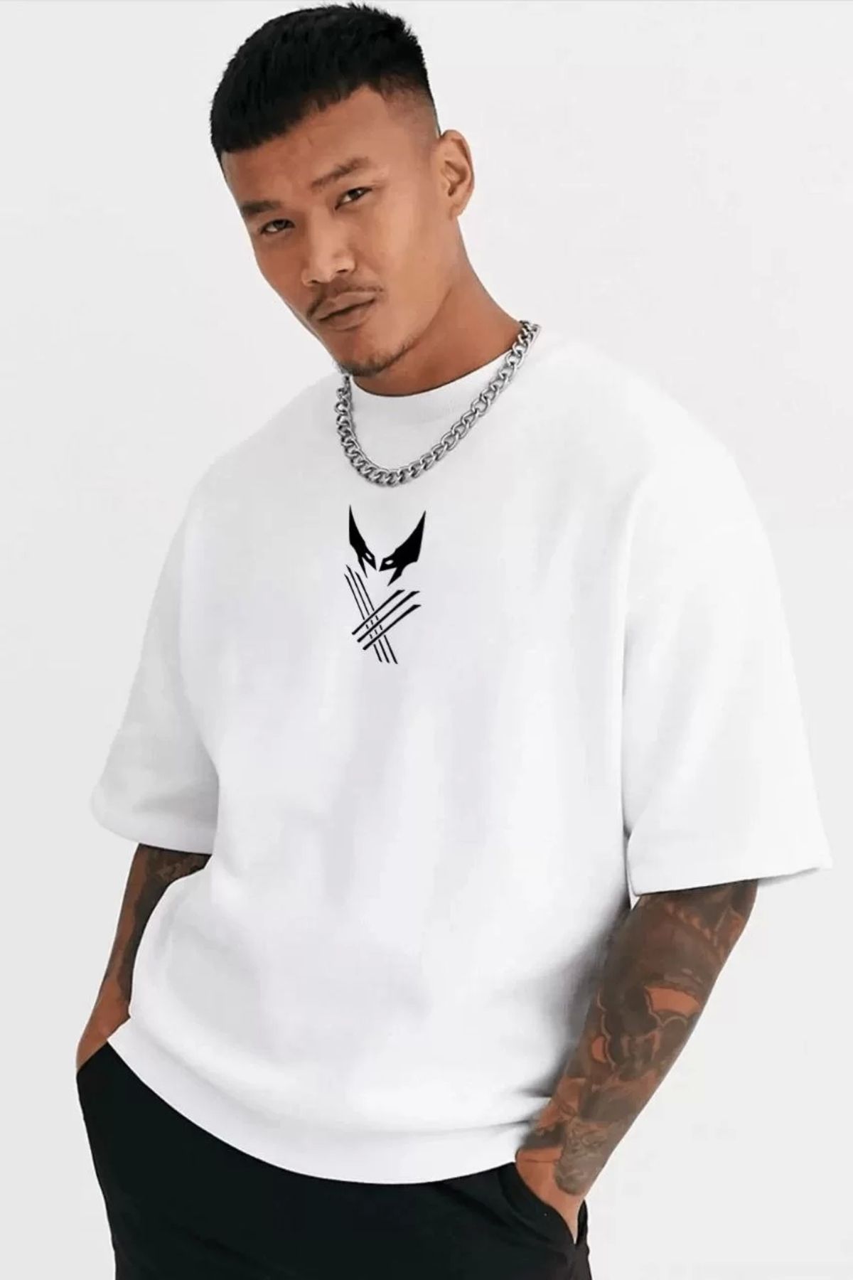 CVS Unisex Bisiklet Yaka Baskılı Oversize T-Shirt - Beyaz