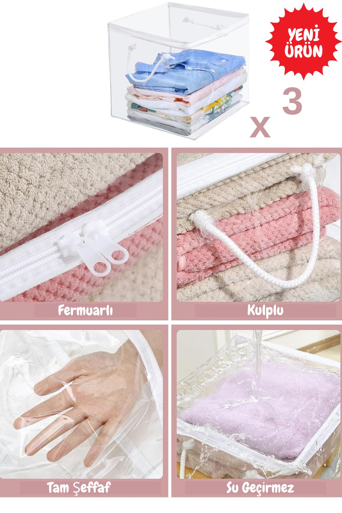 teknotrust Şeffaf PVC Küp Çanta Seti, Valiz Düzenleyici, 30x30x30 cm, 3'lü Paket
