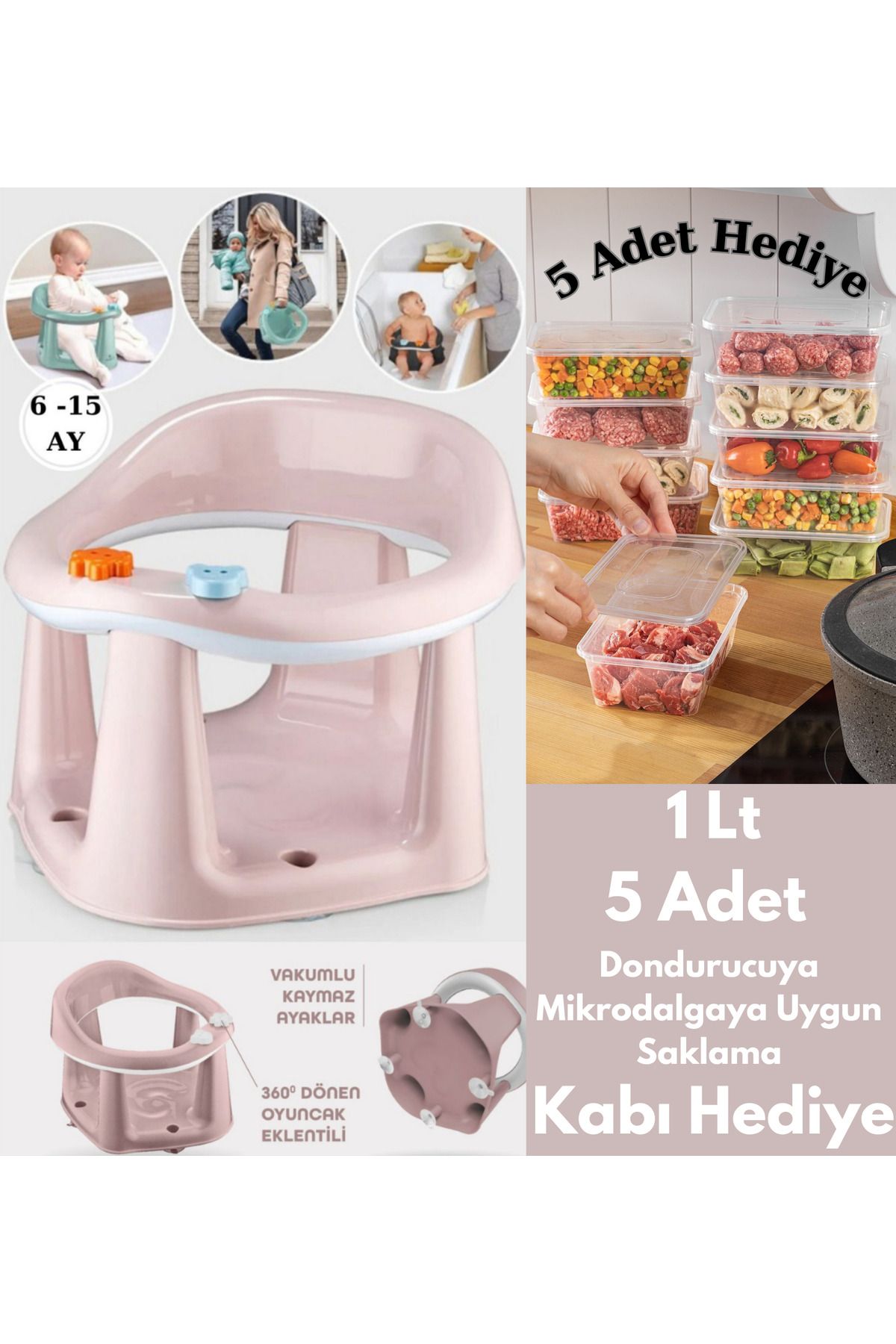 Vakum Tabanlı Bebek Mama Sandalye Oturağı Oyuncaklı Banyo Oturağı PEMBE 5ADET 1Lt Saklama KabıHediye