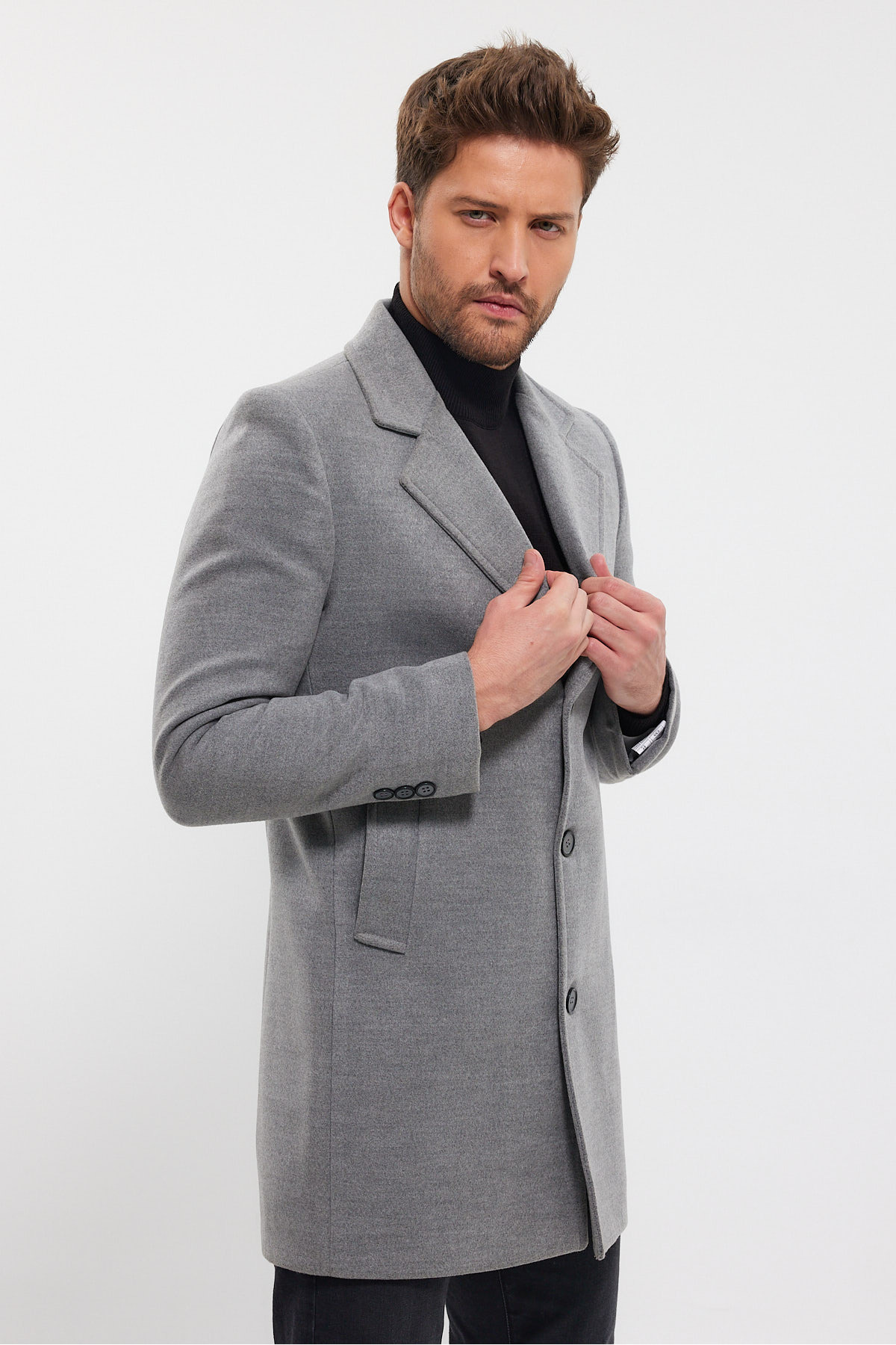 TREND KOMBİN  Erkek Gri Ceket Yaka Standart Fit Kaşe Kaban - Görsel 6