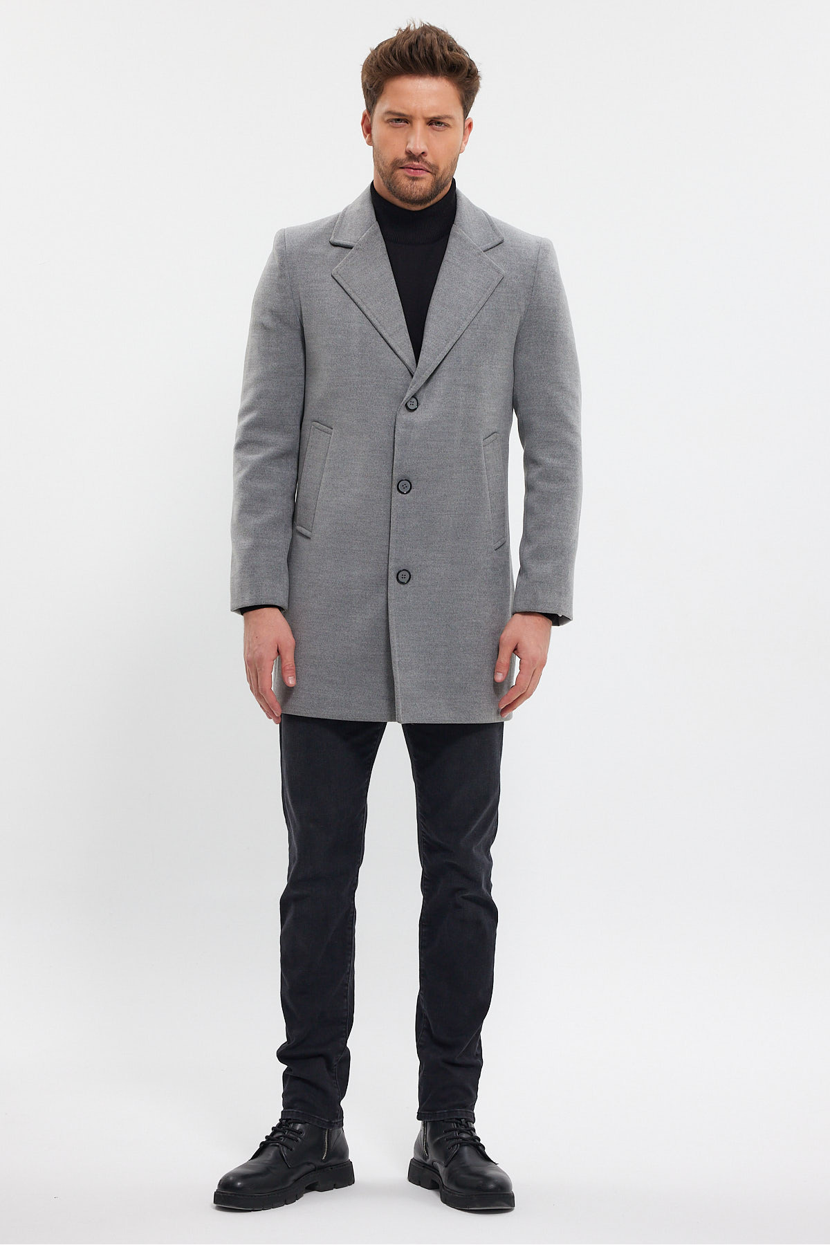 TREND KOMBİN  Erkek Gri Ceket Yaka Standart Fit Kaşe Kaban - Görsel 4