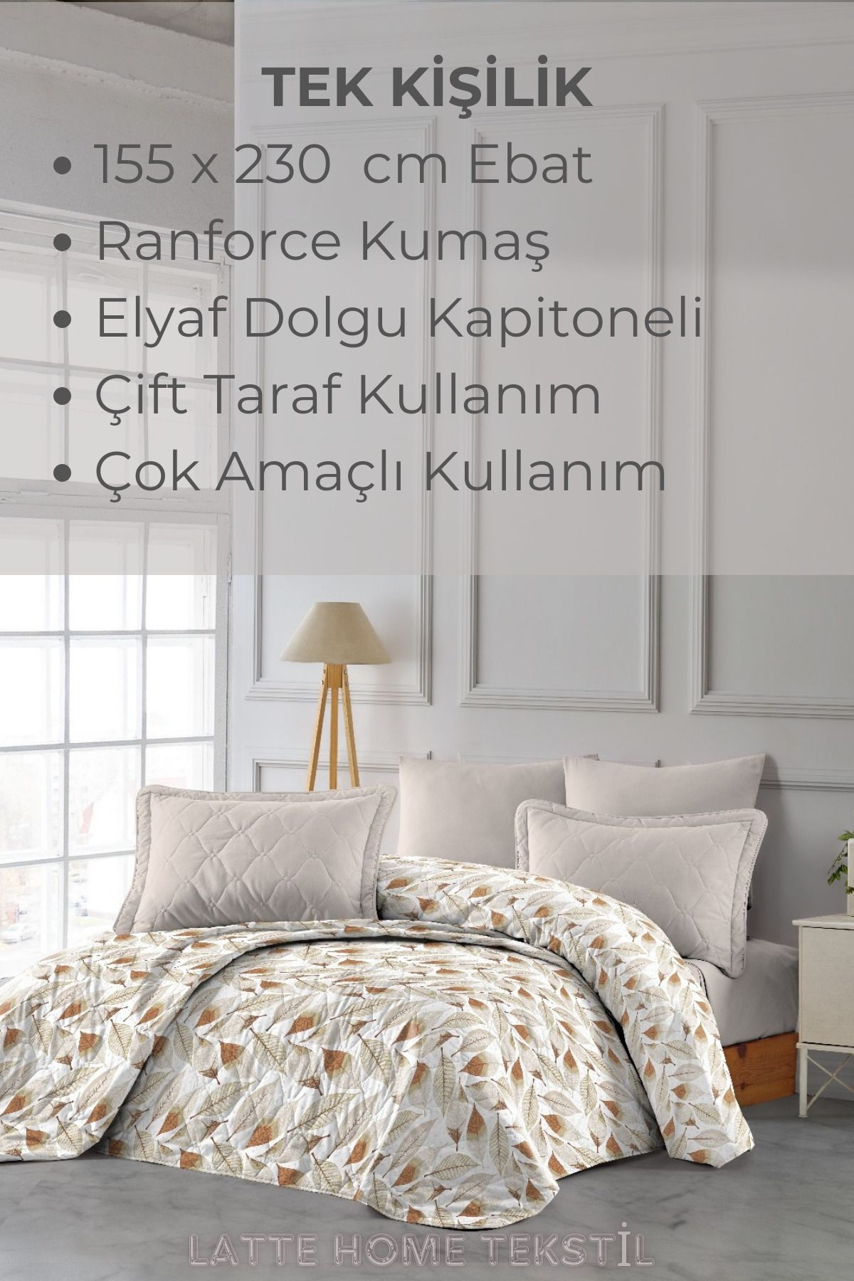 LATTE TEKSTİL-Single Quilted Patterned Bedspread - Multi-Purpose, Flat White, 155X230 cm 2