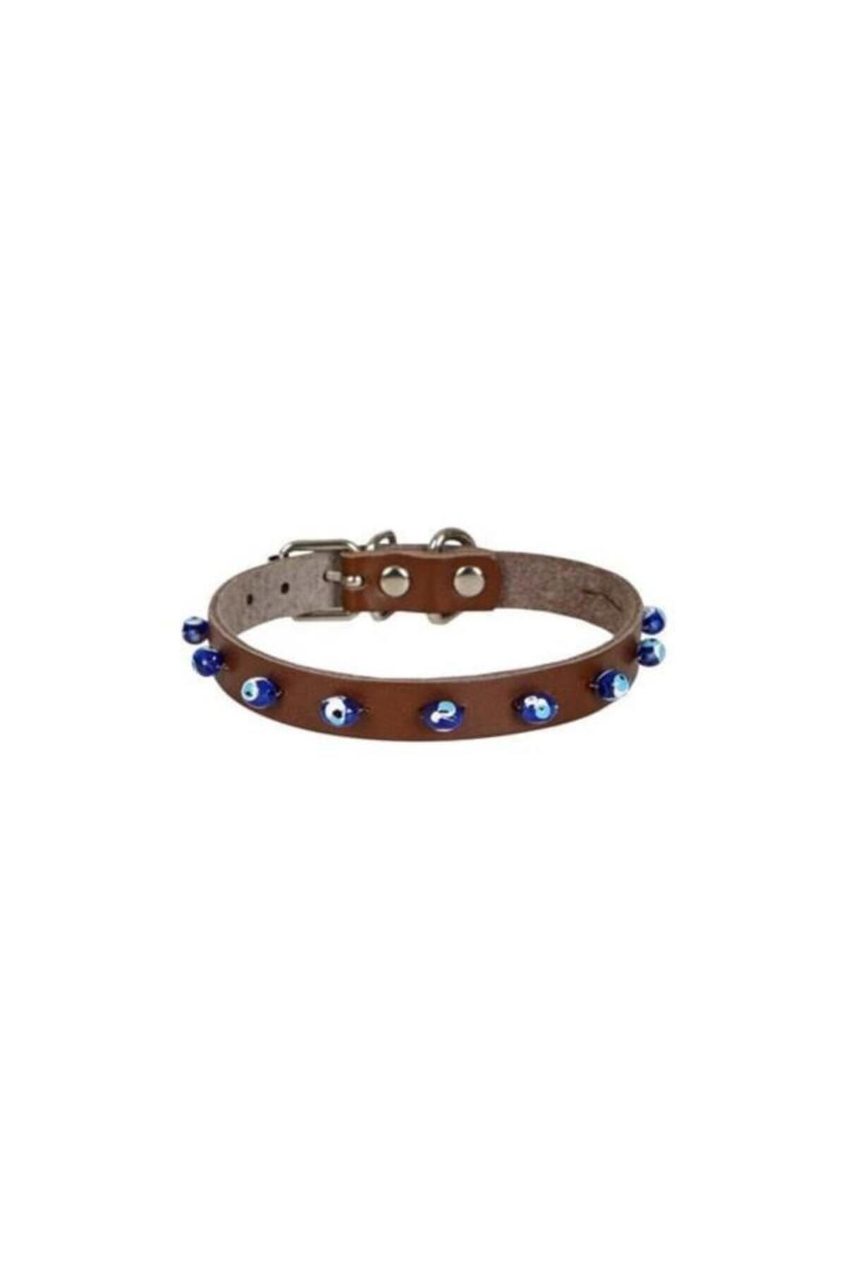 O Cat Cattie Boncuklu Deri Küçük Irk Köpek ve Kedi Boyun Tasması Large Kahverengi 1.2x23-27 Cm - Petshopun