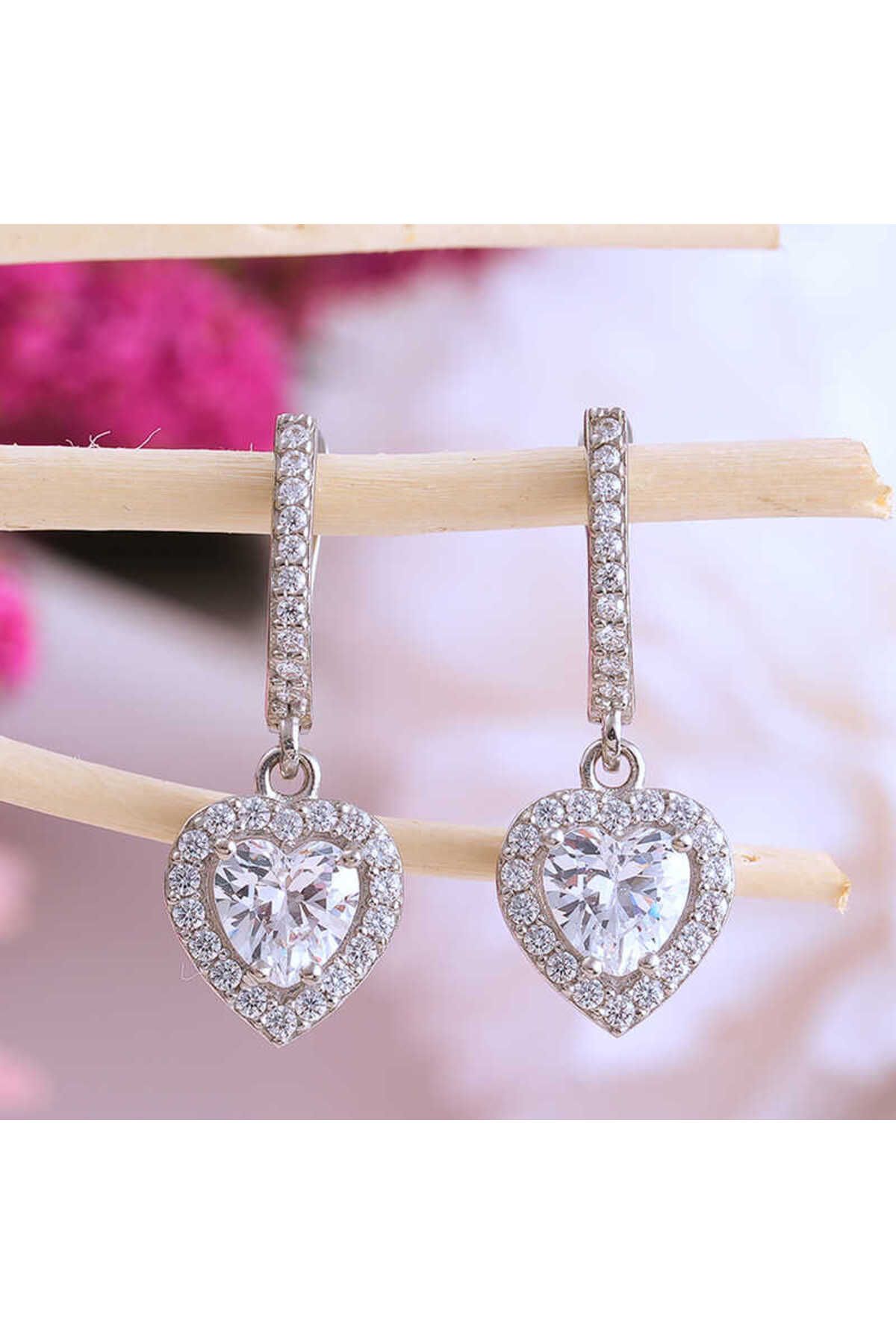 robotrend-Silver White Jewelled Heart Women's Earrings 1