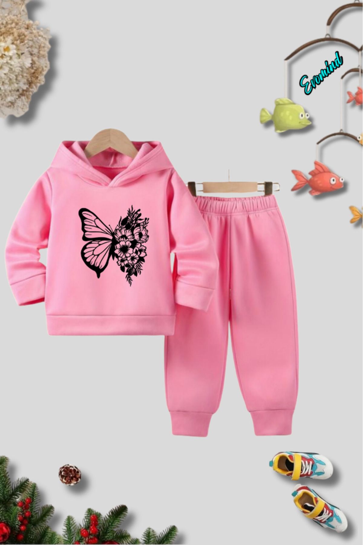artı4 Set De Trening Pentru Copii Unisex Cu Glugă Cu Imprimeu Floral Cu Fluturi Unisex - 7–8 years