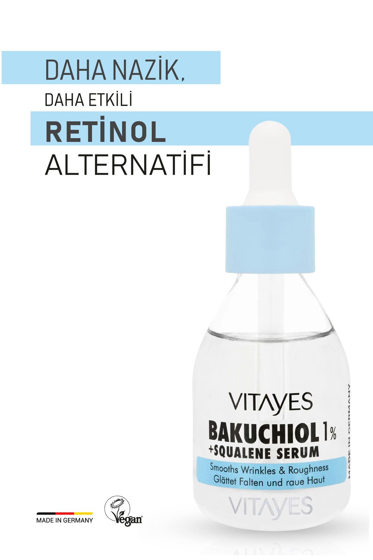 سرم پوست BAKUCHIOL 1 ٪ و SQUALENE NIACINAMIDE ACID HYALURONIC CORE STRONHERING SERM CARE VITAYES