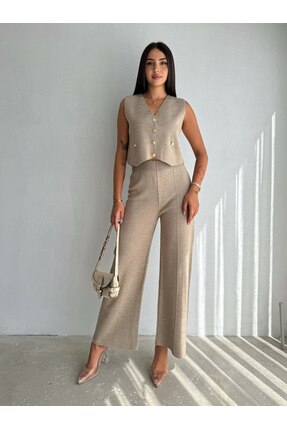 VOOLSTYLE Kadın Gold Düğmeli Yelek Pantolon Triko Takım