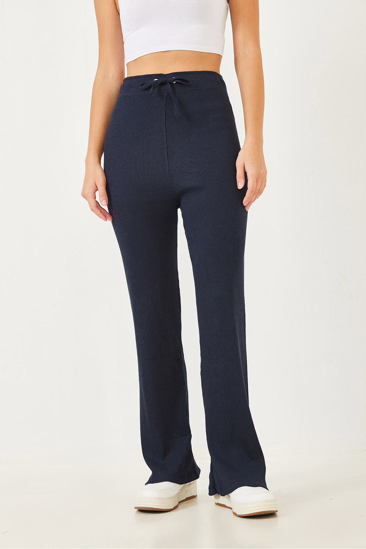 Bianco Lucci-Gerippte Damenhose mit weitem Bein und Bindegürtel 60251888 7