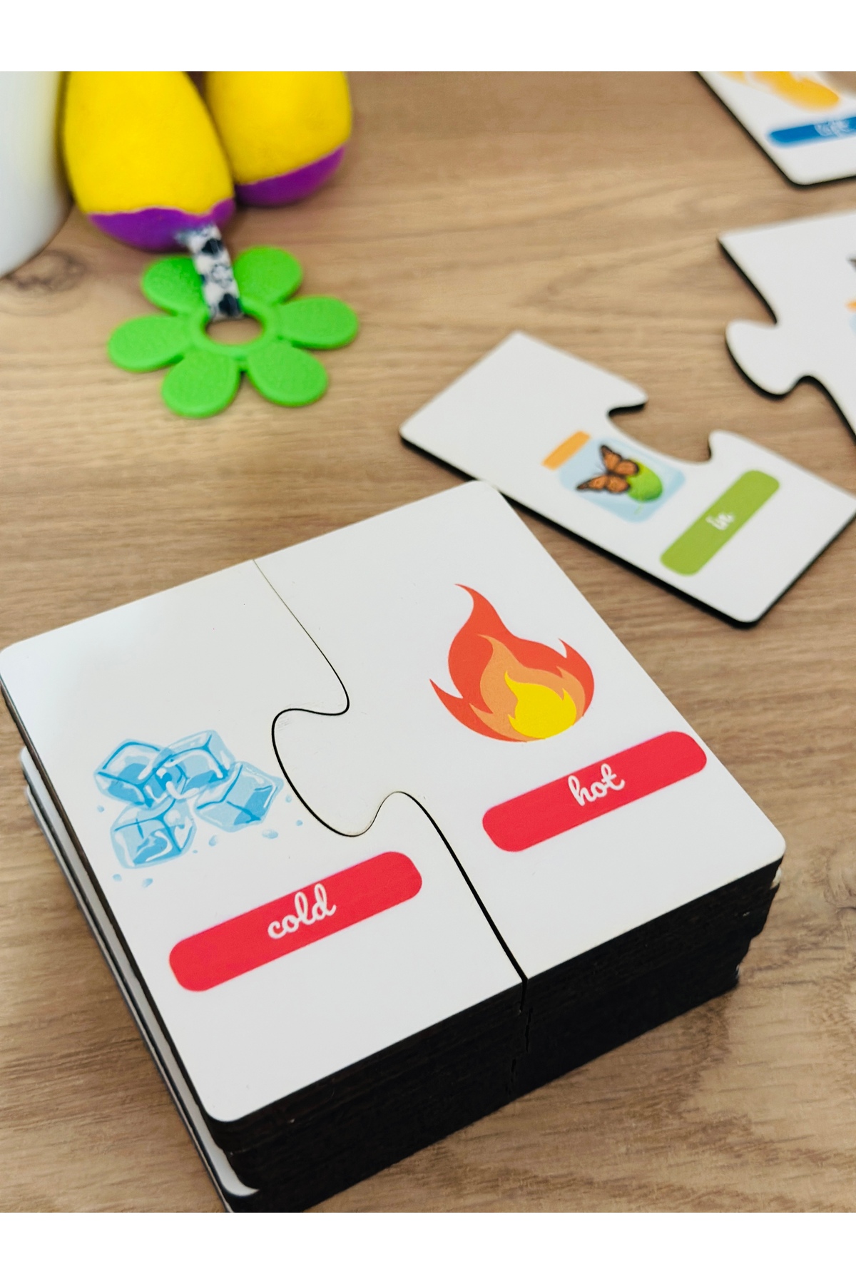 کارتهای چوبی مفاهیم انگلیسی، من در حال یادگیری مفاهیم متضاد هستم، کارتهای چوبی مفاهیم، اسباببازی آموزشی