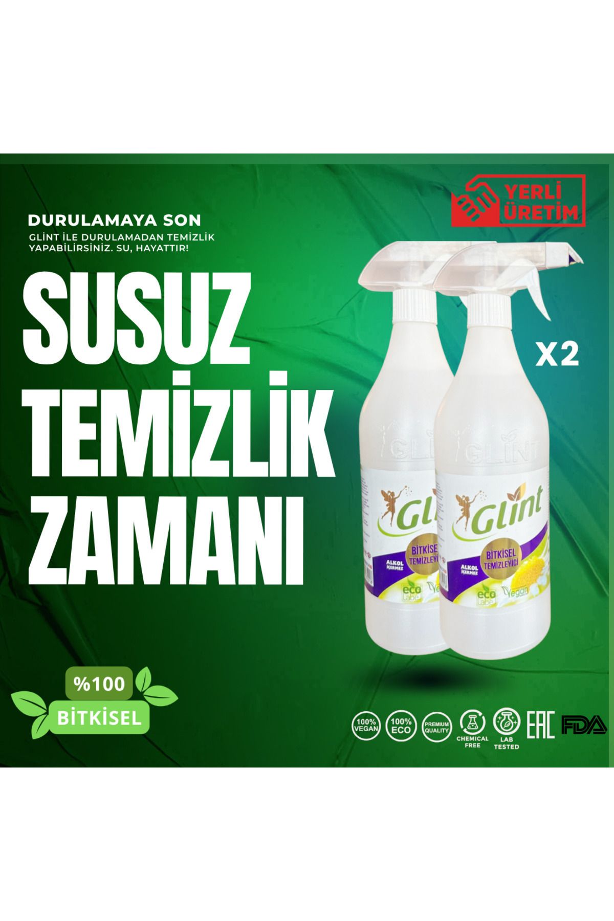 GLİNT 2 X 1 Lt %100 Bitkisel Çok Amaçlı Yüzey Temizleyici Airfryer Rezistans Temizlik Spreyi Yağ Çözücü