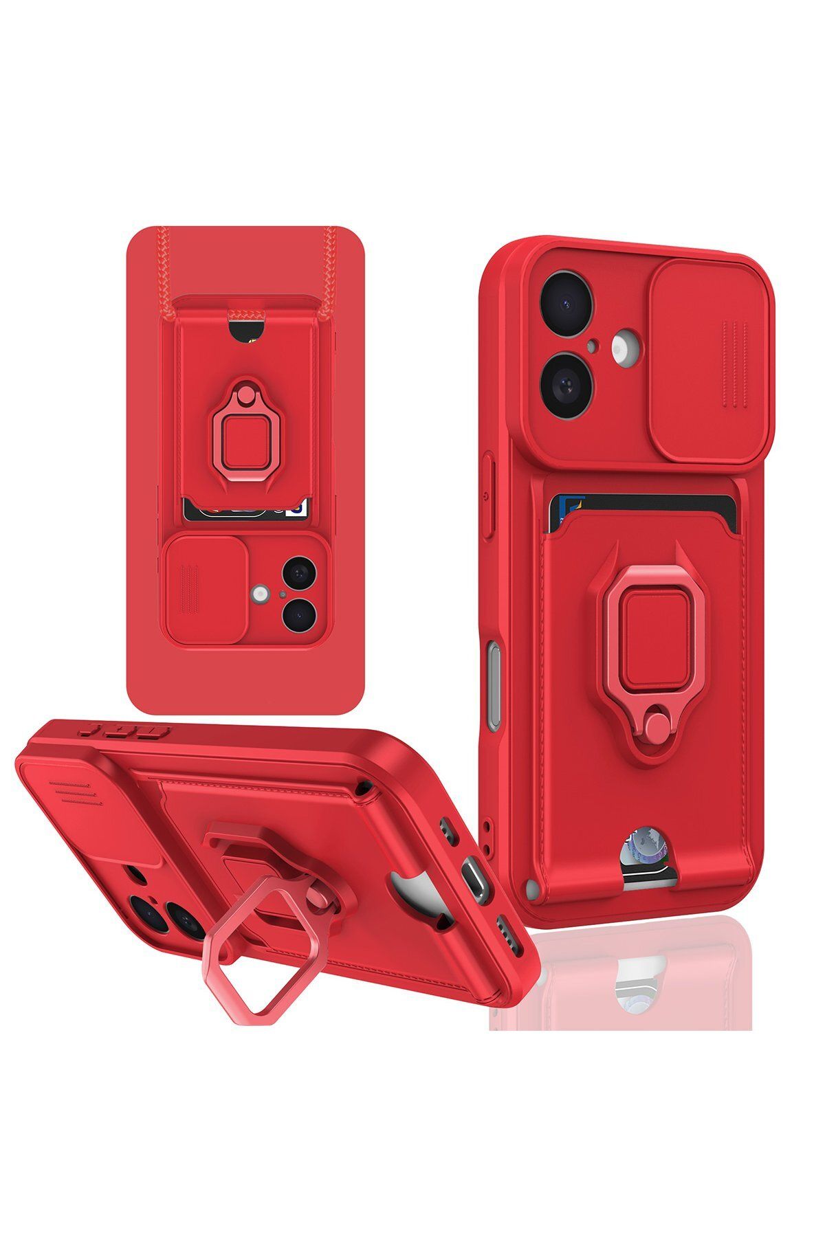 cepmoda iPhone 16 Askı İpli Telefon Kılıfı – Kartlık, Stand, Kamera Koruma – KIRMIZI