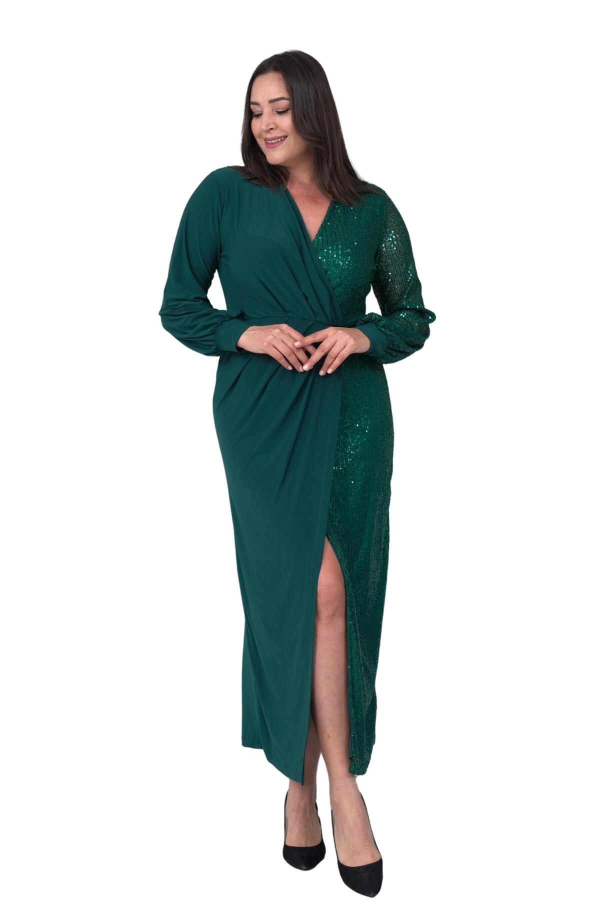 Moda Amore-Double Breasted Collar Midi Length Plus Size Evening Dress - Sequined and Slit 017 5