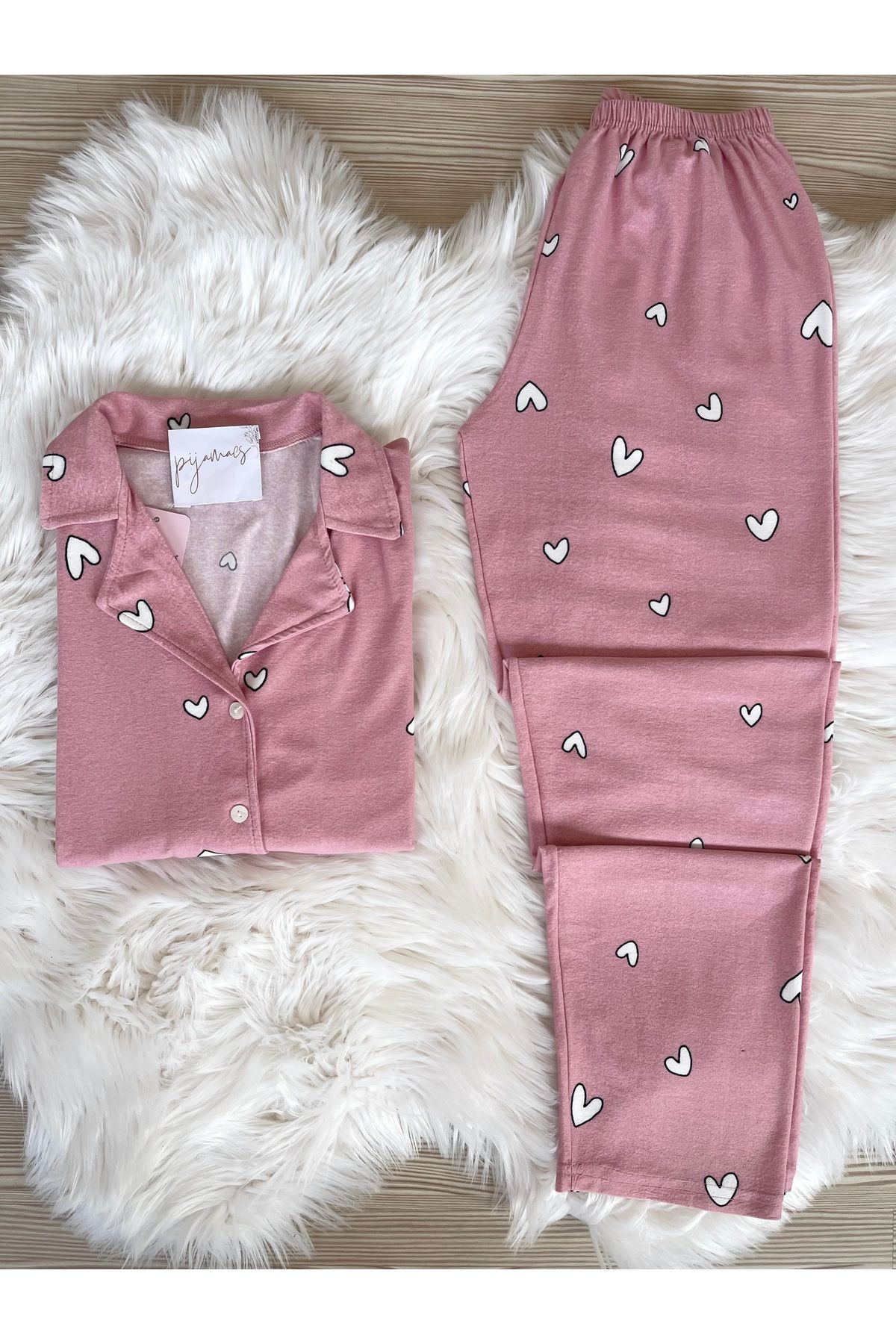 Pijamacs-Pink Heart Patterned Suede Shirt Collar Long Sleeve Pajama Set 1