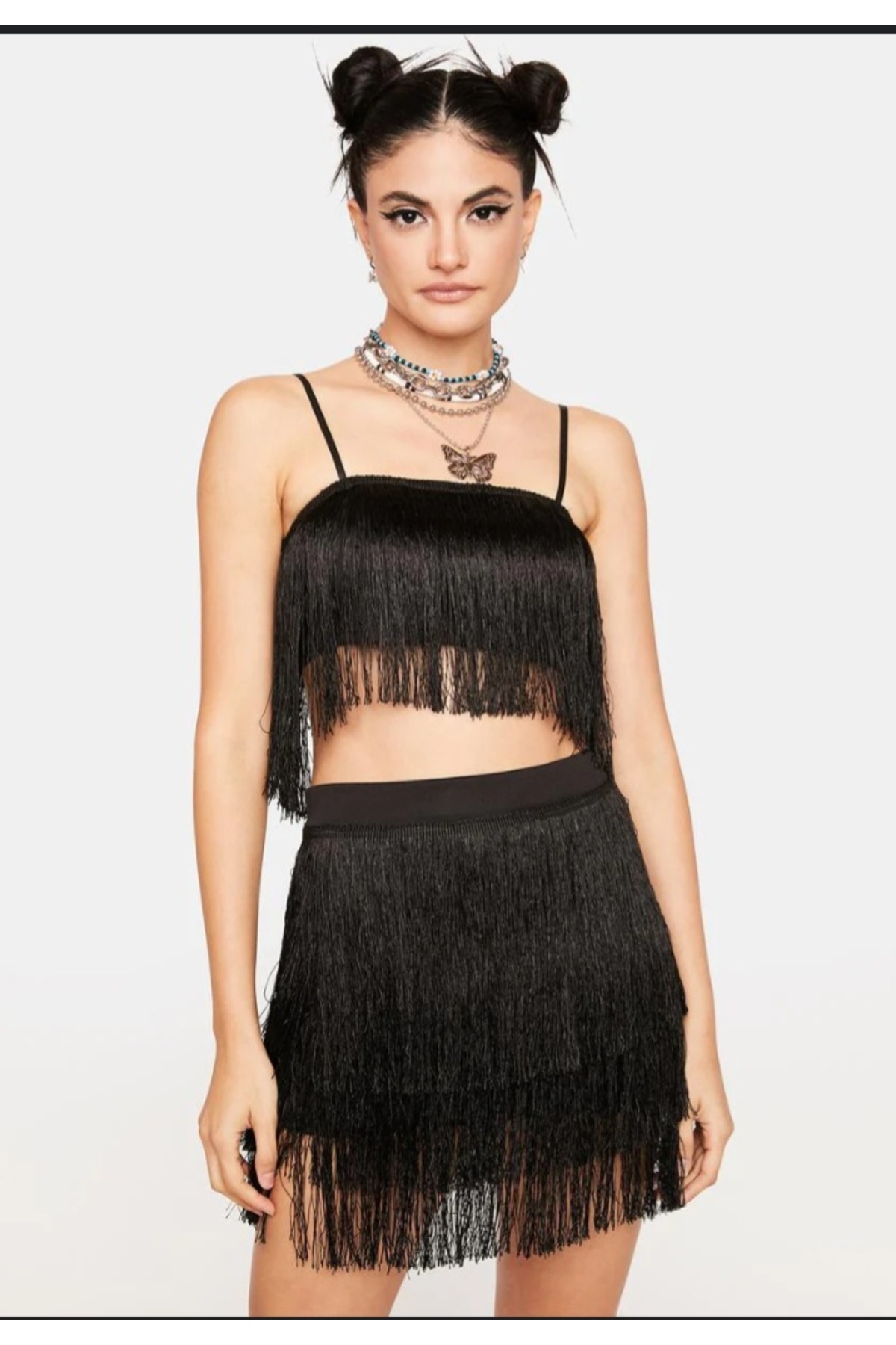 MODA2050 2 Parça Set Kadın Dans Kıyafetleri Latin Dans Üstü Alt Püsküllü